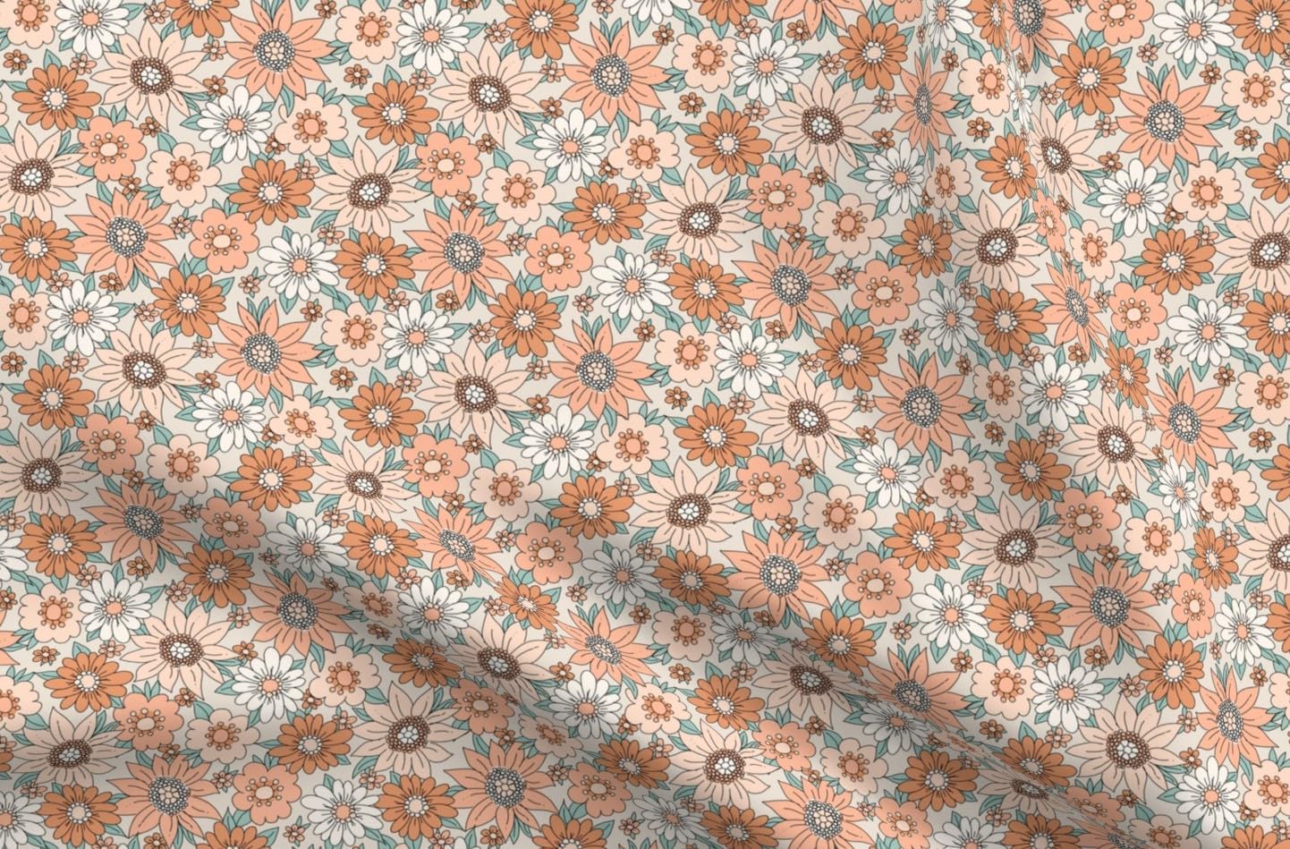 Spoonflower Fabric - Retro Peach Floral 70S Boho Groovy Botanical Flowers Cottagecore Printed on Petal Cotton Fabric Fat Quarter - Sewing Quilting Apparel Crafts Decor