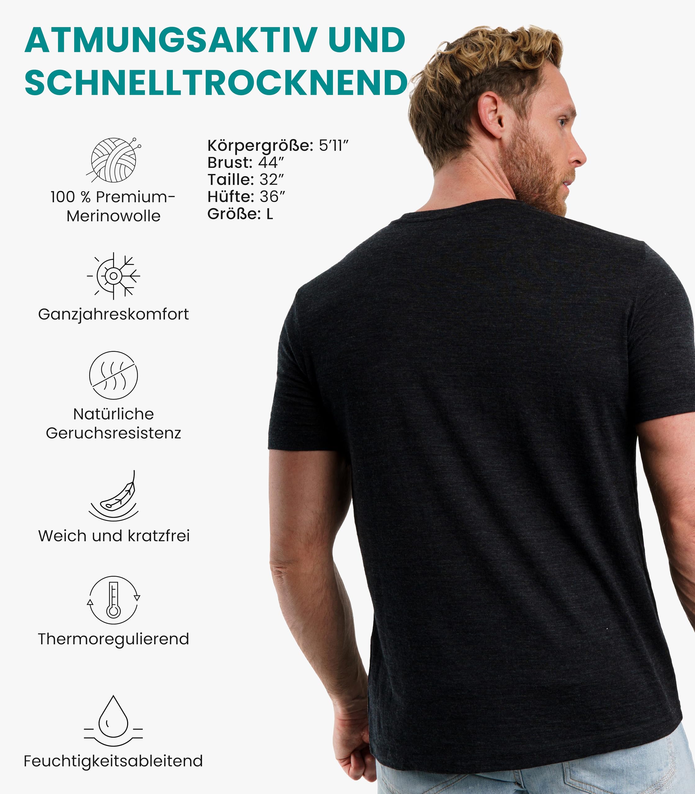 100% Merinowolle Sport Shirt Männer Kurzarm (2X-Large, Charcoal)