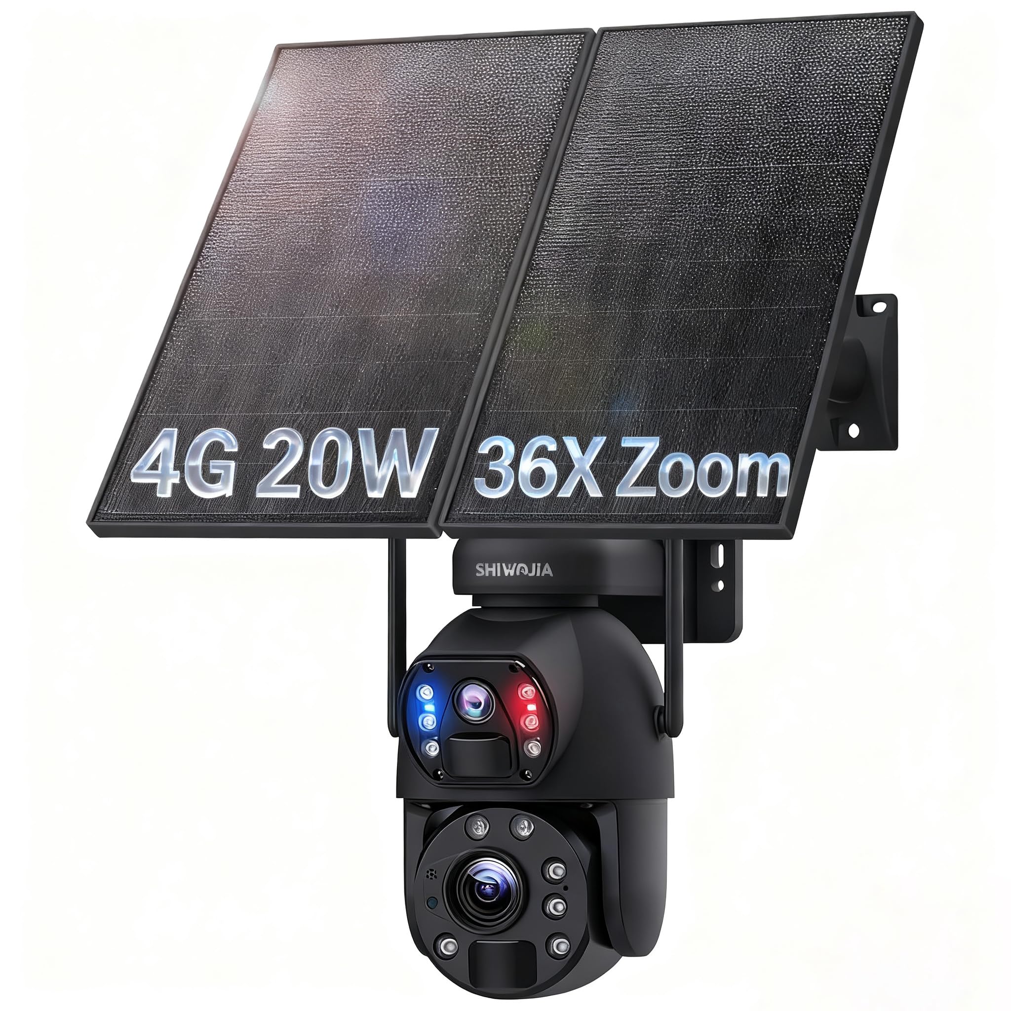SHIWOJIA 6MP Dual Lens Outdoor Security Camera, 4G LTE Solar Surveillance Camera with 20W Solar Panel 20,000mAh Battery, 36X Zoom Night Vision Colour, IP66