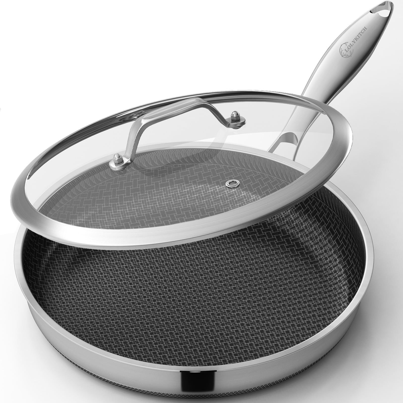 LOLYKITCH 12 In Nonstick Frying Pan Skillet with Lid Ceramic Coating Tri-ply Stainless Steel Induction Compatible PFOA-free Oven