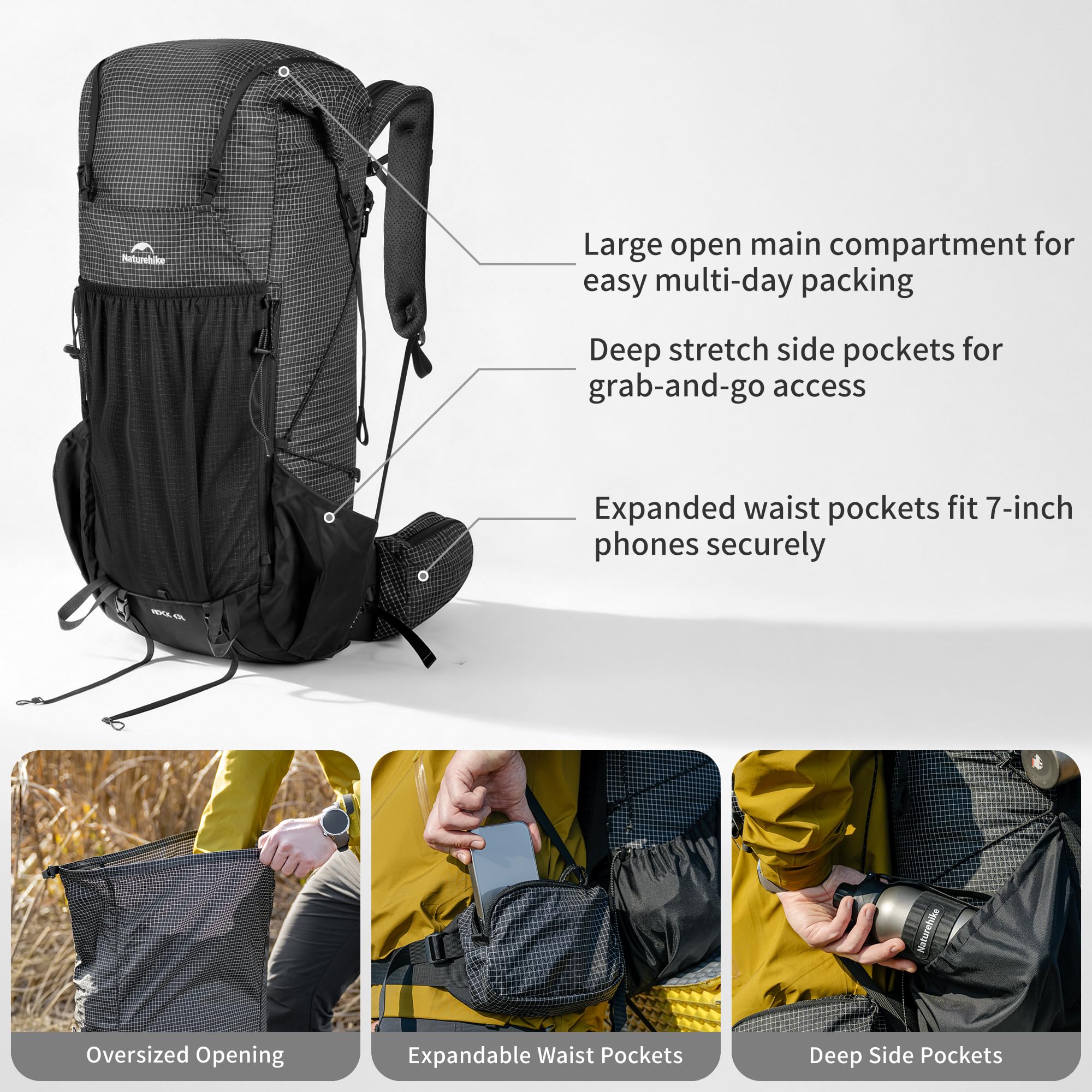 Naturehike Rock 2.0 aggiornato 30/45/60 l zaino interno telaio zaino da trekking uomo donna con copertura impermeabile zaini da escursionismo per campeggio all'aperto viaggi backpacking, Nero, 45l/M
