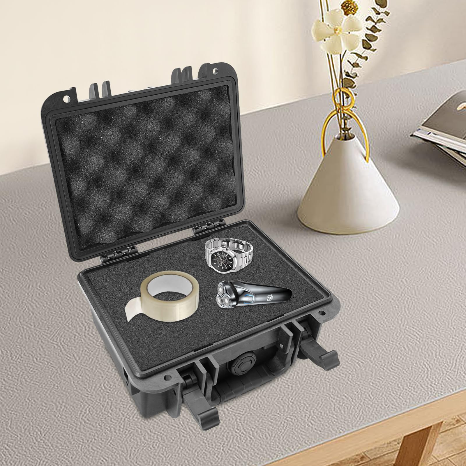 Custodia rigida portatile impermeabile con 2 strati di spugna, piccola valigetta per il trasporto esterno universale, custodia per fotocamera DSLR, obiettivo e videocamera, Nero , Valigia