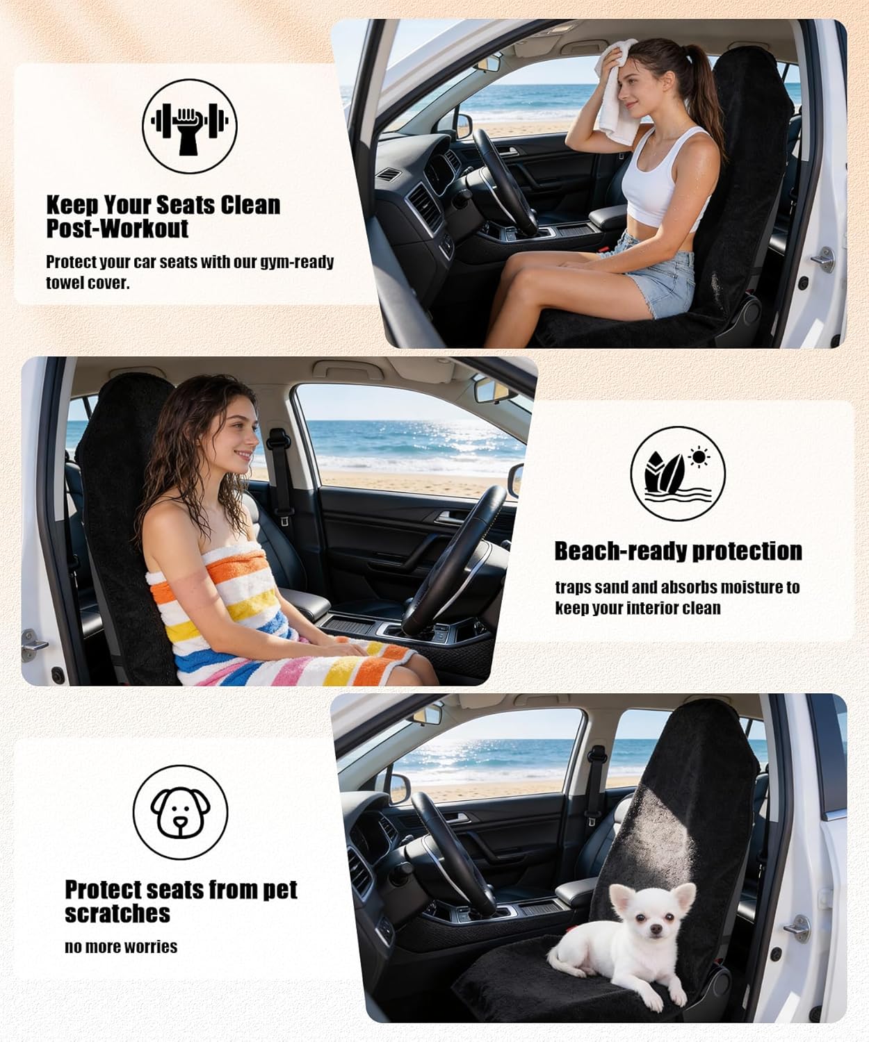 Universal Car Seat Covers Towel Front Seats, Waterproof Non-Slip Protector for Gym Workout, Running and Swimming, Car Accessories Interior for Women and Man Cars, Trucks, SUVs, Jeep(2PCS)