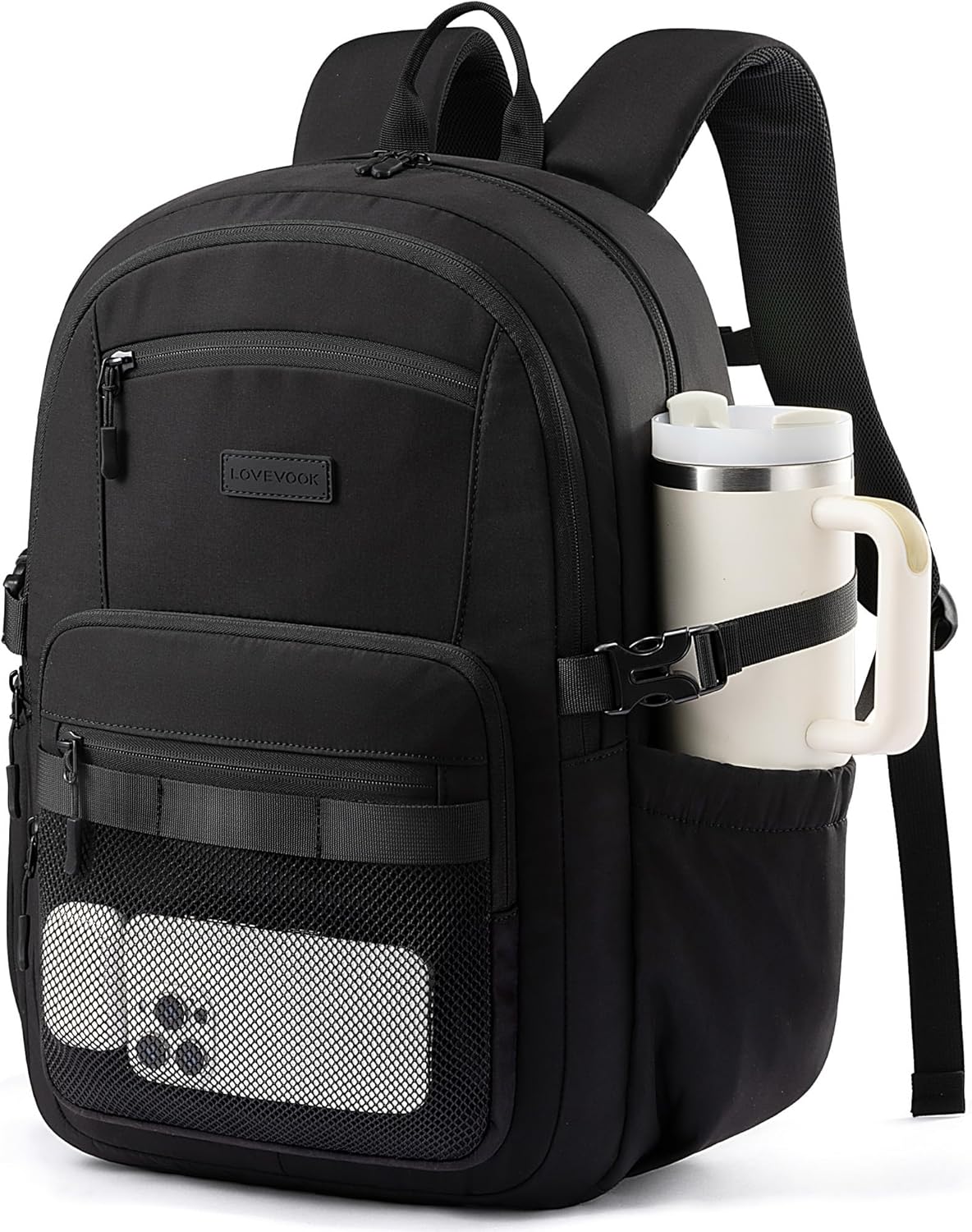 LOVEVOOK Laptop Backpack Women/Men with 40oz Cup Holder Buckle Strap, 17.3 Inch Tech-Ready Work Backpack, TSA-compliant for Travel & College with Versatile Mesh Pocket, Black