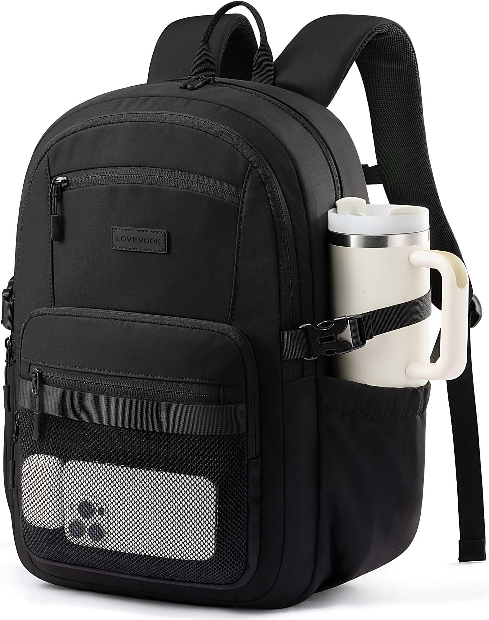 LOVEVOOK Laptop Backpack Women/Men with 40oz Cup Holder Buckle Strap, 15.6 Inch Tech-Ready Work Backpack, TSA-compliant for Travel & College with Versatile Mesh Pocket, Black