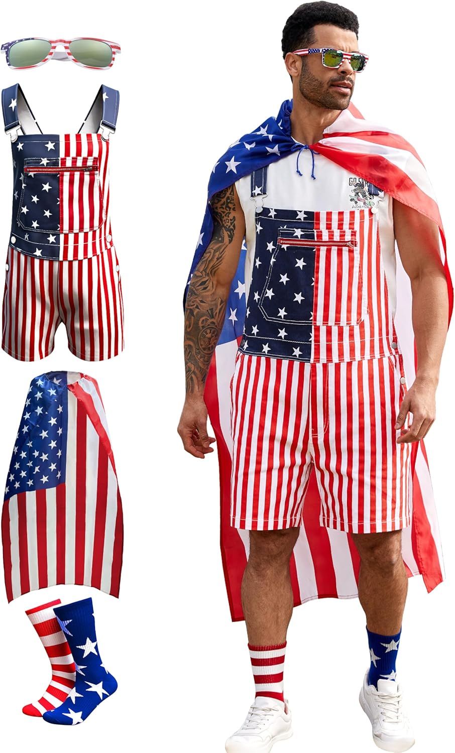 Odefou American Flag Overalls Men,4th of July Socks,Patriotic Sunglasses,USA Cape,4 Pcs for Memorial Labor Day