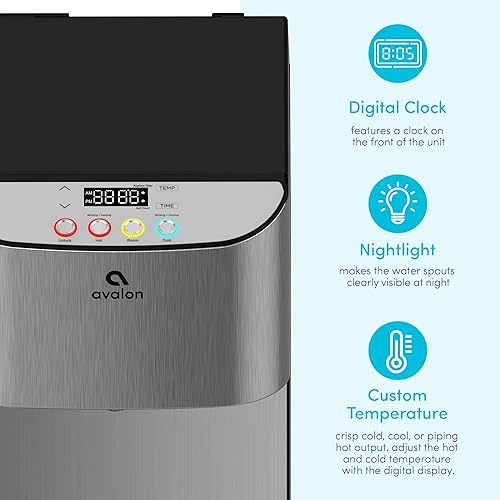Miniatura 3 de Avalon Dispensador de agua eléctrico sin botella, 3 temperaturas, reloj digital con control de temperatura, autolimpieza, acero inoxidable