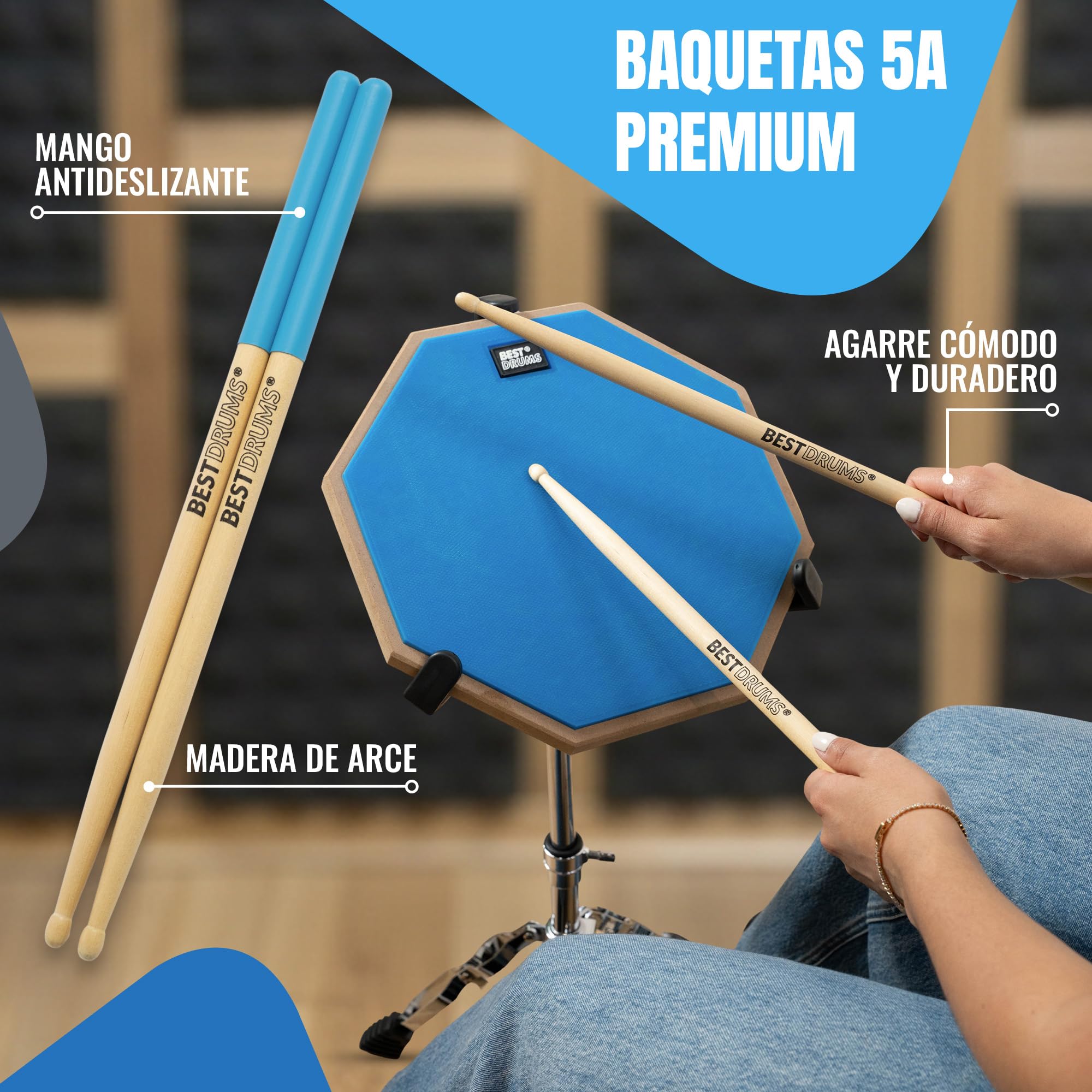 Pack Práctica Batería Silenciosa Completo – Drum Pad Alta Densidad + Soporte Ajustable + Pedal Bombo con Cadena + Pad Silenciador + Baquetas 5A | Entrenamiento en Casa