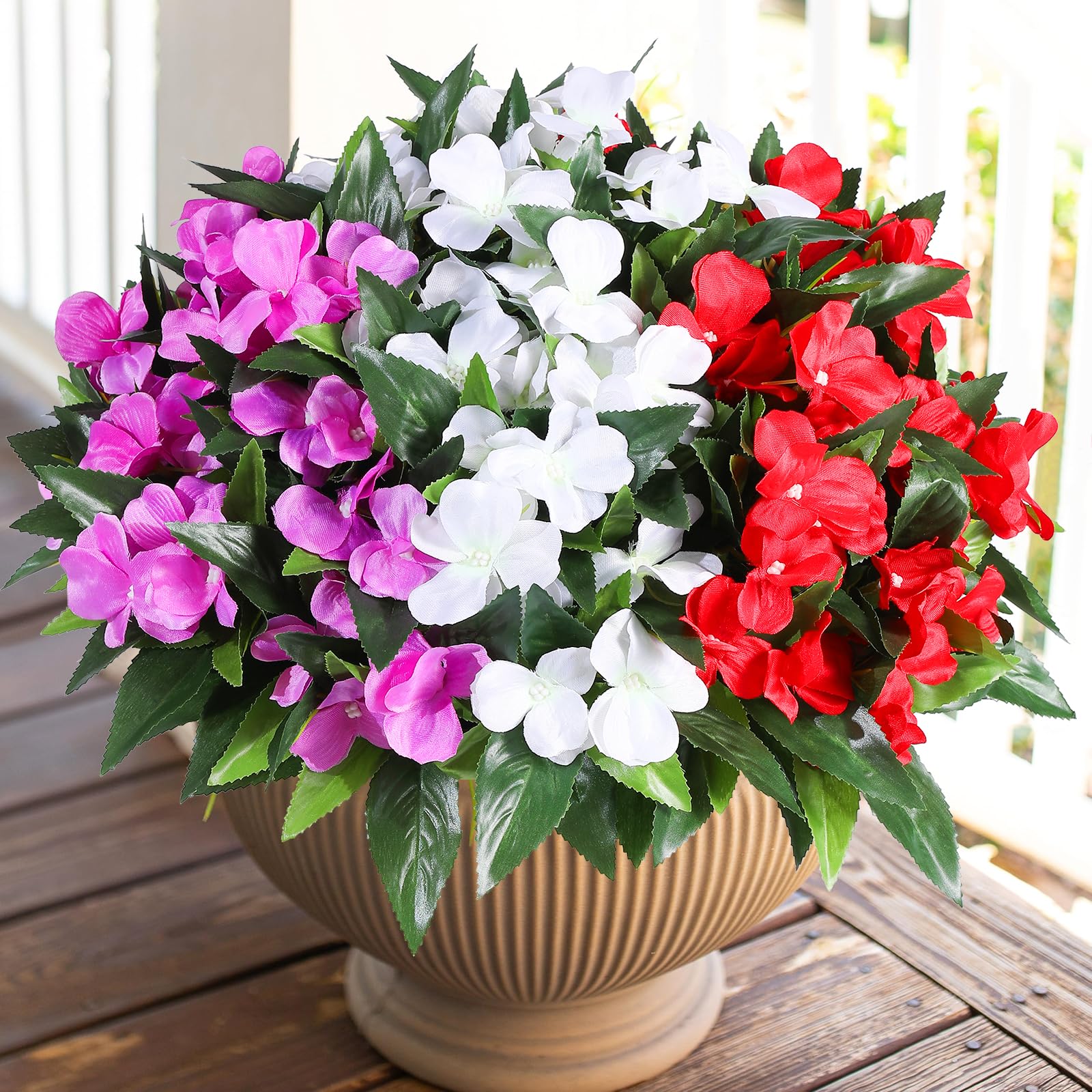 Veryhome Artificial Flowers Outdoor 3 Bundles Silk Flower Bouquet Fake Geraniums Impatiens for Outdoor Indoor Artificial Plants UV Resistant for Home Garden Window Boxes Decor(Purple & Red & White)