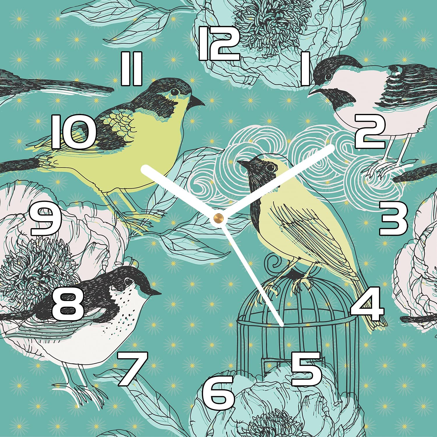 Horloge en Verre Cuisine et Salon au Style Vintage Fleurs d'oiseaux Coloray 30x30