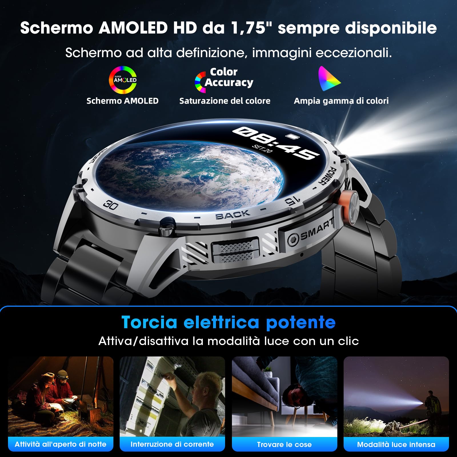 Smartwatch Uomo 1.75" HD AMOLED 730mAh Orologio Smartwatch con Torcia LED Militare Smartwatch Compatibile iOS Android (Risposta alle Chiamate Bluetooth) Smart Watch con Sonno/Cardiofrequenzimetro