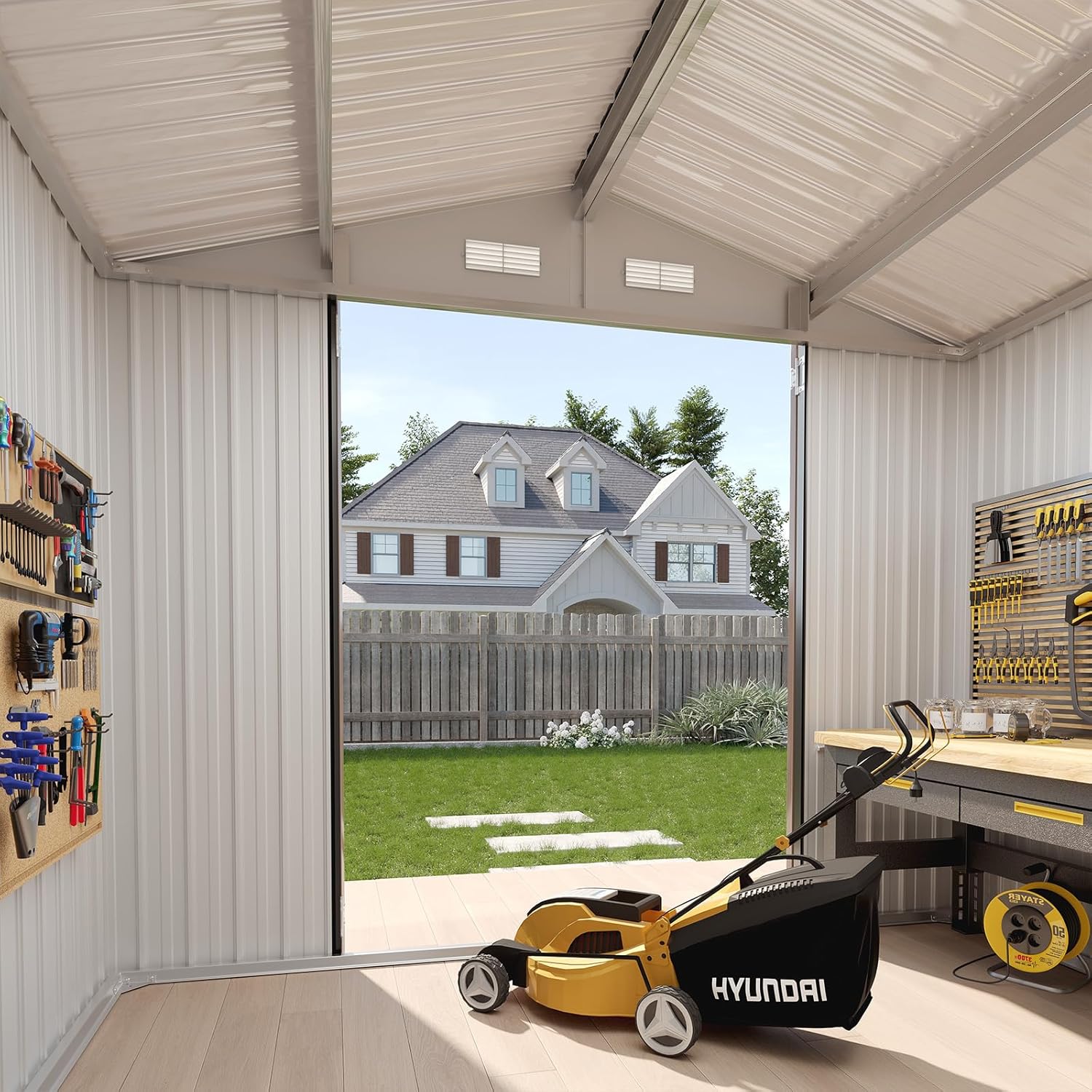 Interior view of the Aoxun storage shed with a lawnmower inside.