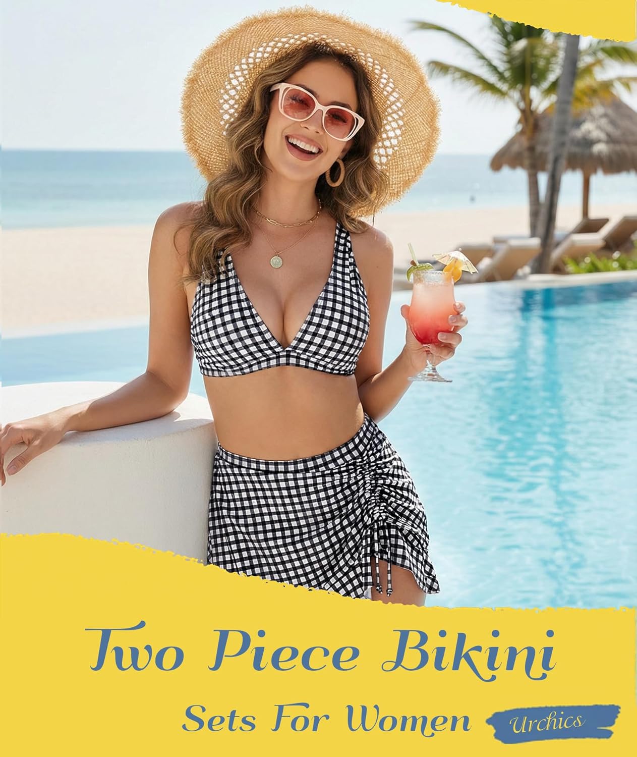 Urchics High Waisted Bikini Sets for Women Gingham Push Up Two Piece Swim Skirt Set Tummy Control Bathing Suit 2026 Swimsuit