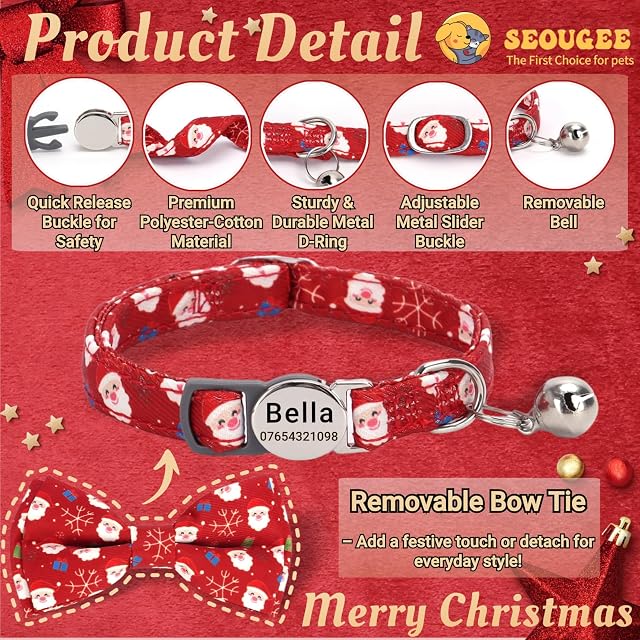 Foto 2 de 6 de SEOUGEE Collar de gato de Navidad personalizado con pajarita y campana