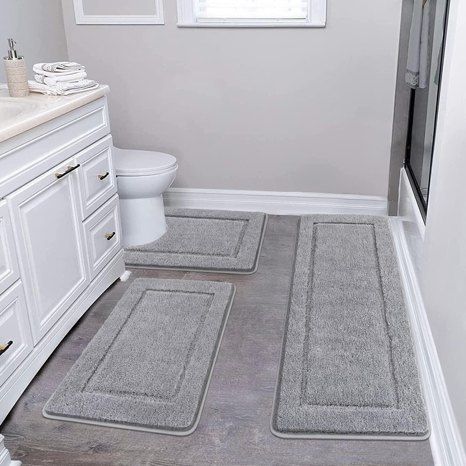 Pauwer Microfiber Soft Bath Mat Set 3 Piece Absorbent Bathroom Toilet Rug Non Slip Machine Washable Bath and Pedestal Mat Sets, Grey — image 1
