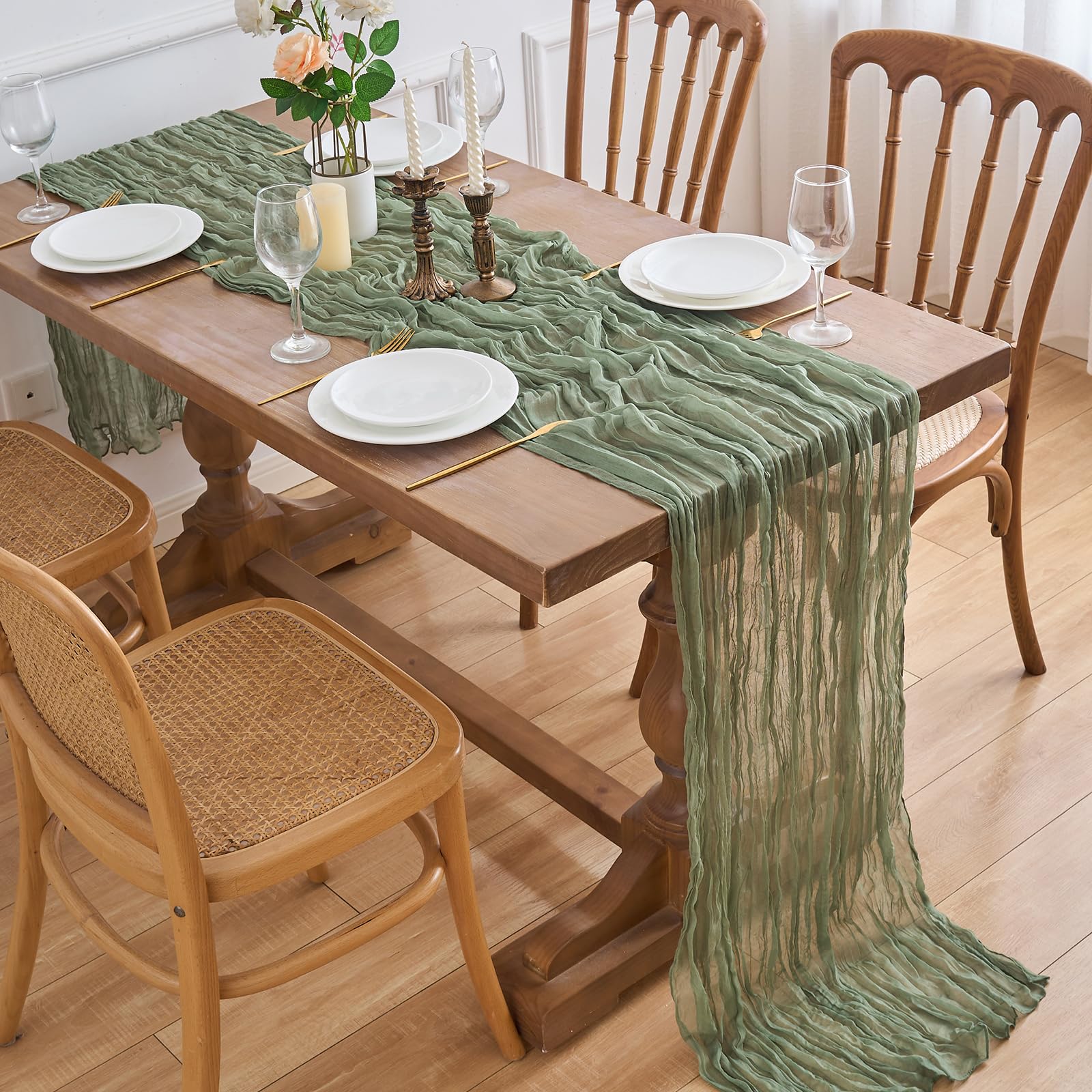 Tafelloper van kaasdoek, 2 stuks, beige, 90 x 300 cm, lichtbruin rustieke gaasstof, boho-tafelloper, kaasdoek, Cheesecloth, bruiloft, tafelkleed voor bruiloftsfeest, bruidsfeest, tafeldecoratie