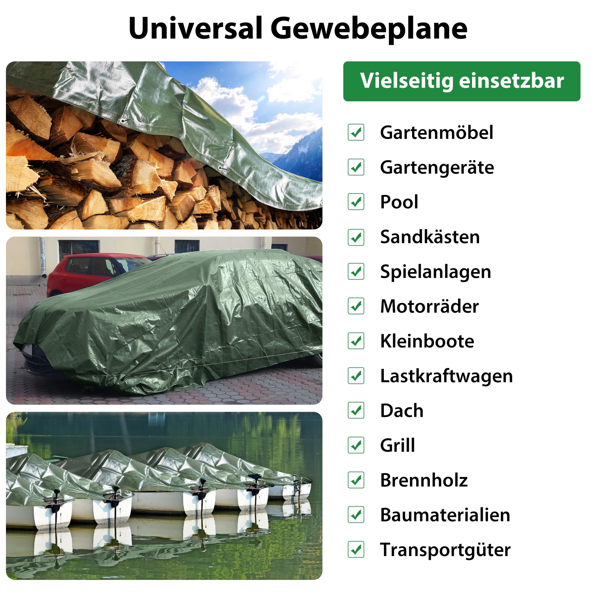 jarolift Abdeckplane Poolabdeckung Gewebeplane, Plane aus Polyethylen-Gewebe 90 g/qm, Wasserdicht Schimmelresistent Reißfest, 8 x 10 m, Grün