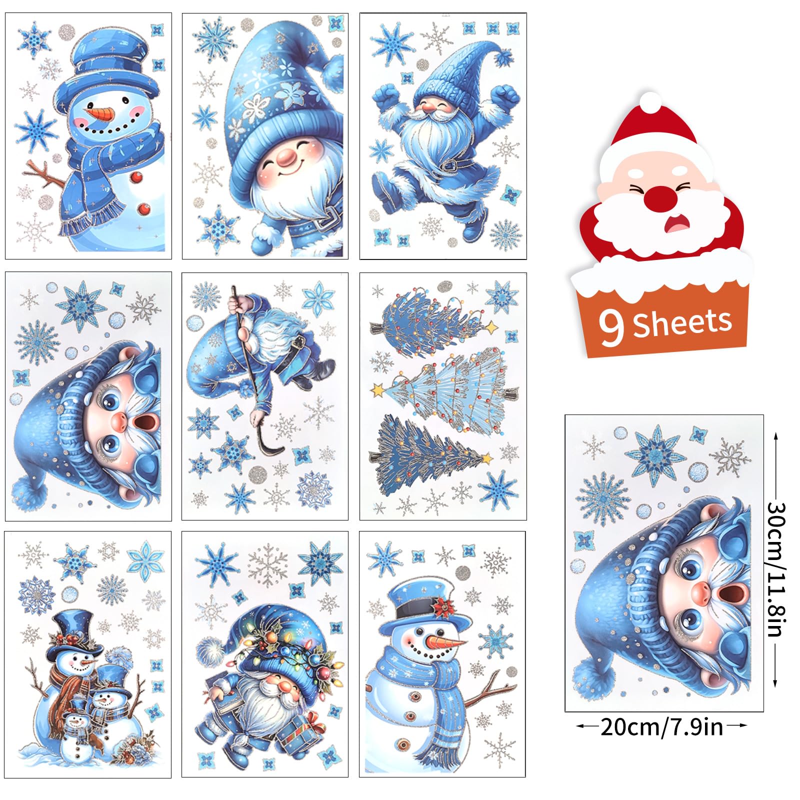 9 Pièces Stickers Noël Fenêtre Réutilisables - Autocollants Electrostatiques Flocons De Neige Aquarelle Pour Décoration Vitres Décoration Vitre Fêtes