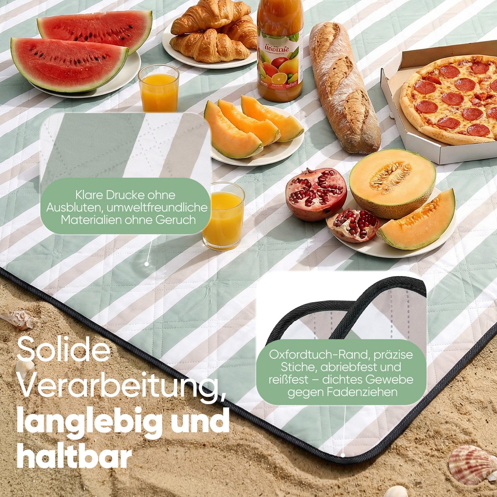 Sekey Picknickdecke Wasserdicht 200x200 cm, Stranddecke Sandfrei | Gepolstert, Dreischichtige Struktur, PEVA-Wasserfestboden, Bindegurt-Trageriemen, geeignet für Picknick, Camping, Strand
