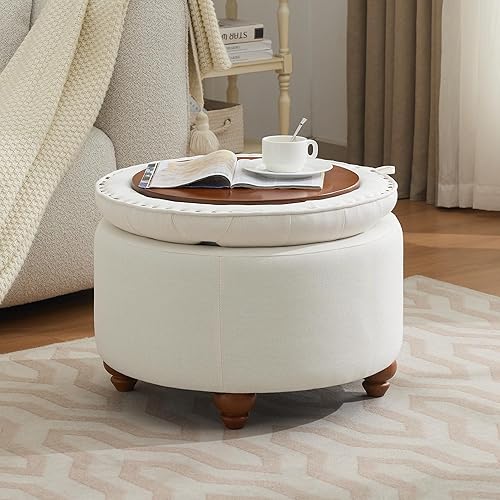 Miniatura 7 de Otomana redonda de almacenamiento de 24 pulgadas con bandeja, moderna mesa de centro circular de tela copetuda con almacenamiento, otomana tapizada