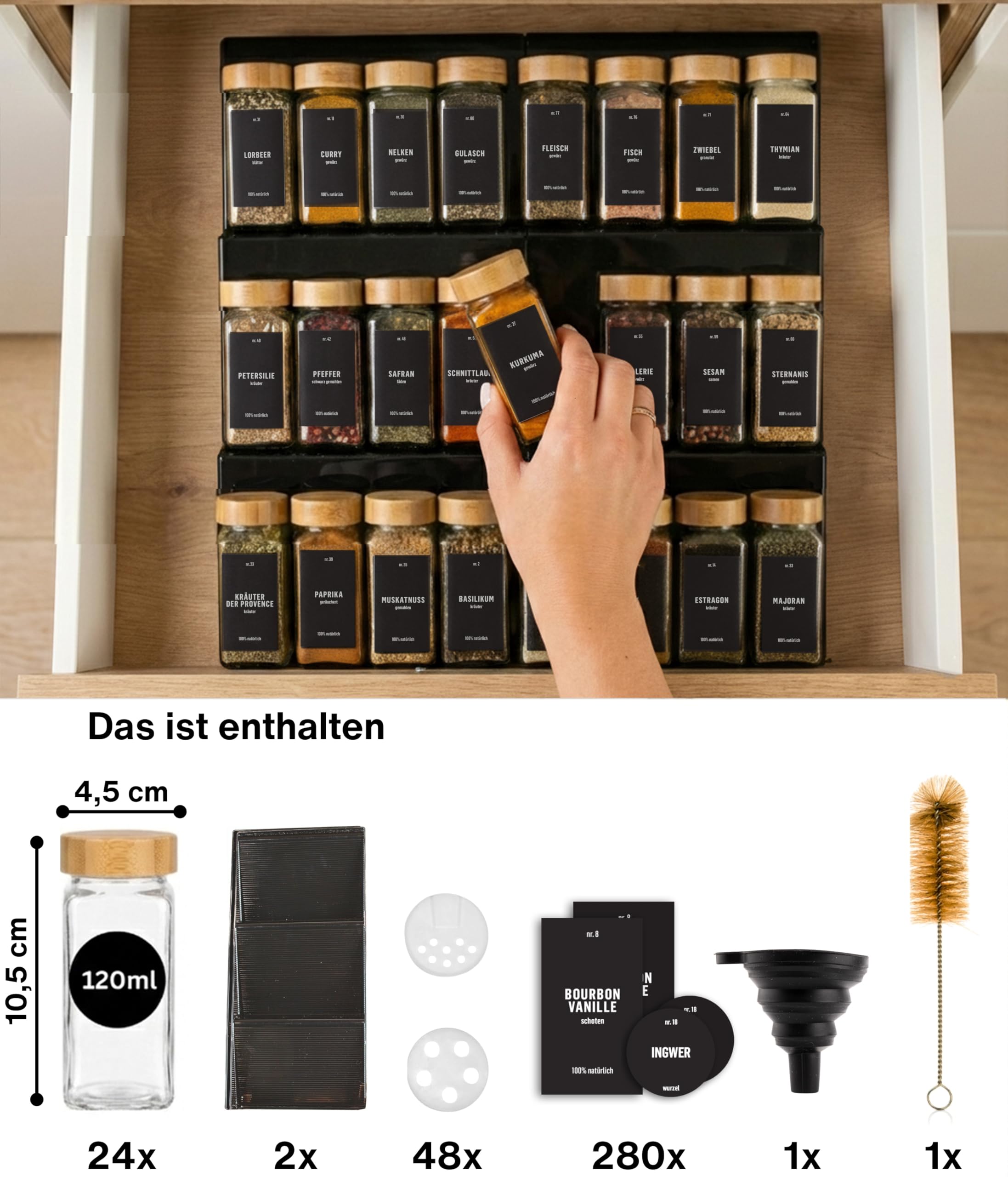 Deco haus® Gewürzregal Schublade [MIT 24 GEWÜRZGLÄSER & ETIKETTEN] - Gewürze Organizer - Gewürzeinsatz Schublade - Gewürzschublade Organizer mit Gläser - Schubladeneinsatz Gewürze