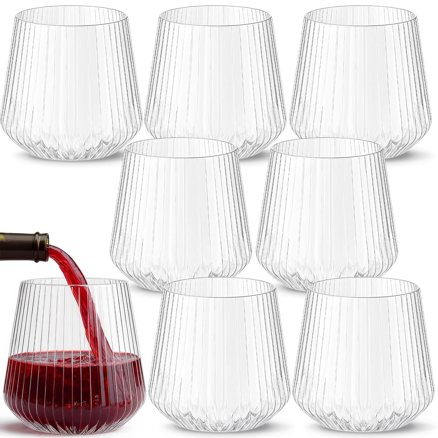 NeXcellere 400ml 14oz Stemless Wine Glasses,Plastic Wine Glasses Reusable,Ribbed Glasses,Clear Plastic Cups,Durable Plastic Glasses for Picnic,Camping,Party (8, 14, Ounces)