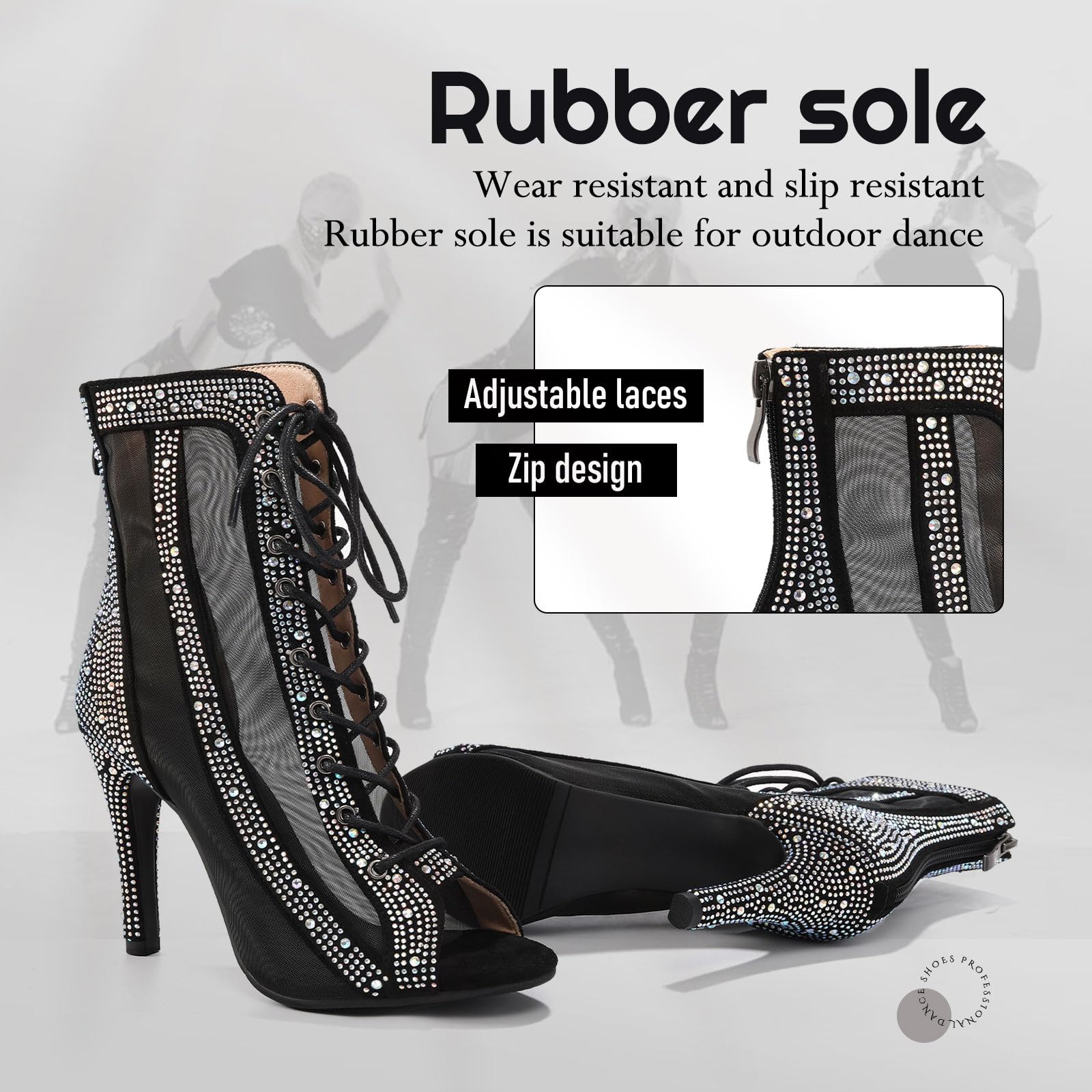 Stivali da Ballo Latino Donna Punta Aperta con Strass Salsa Tango | Scarpe da Ballo Latino Americano Scarpe per Ballo con i Tacchi Alti con Tacco 9.5