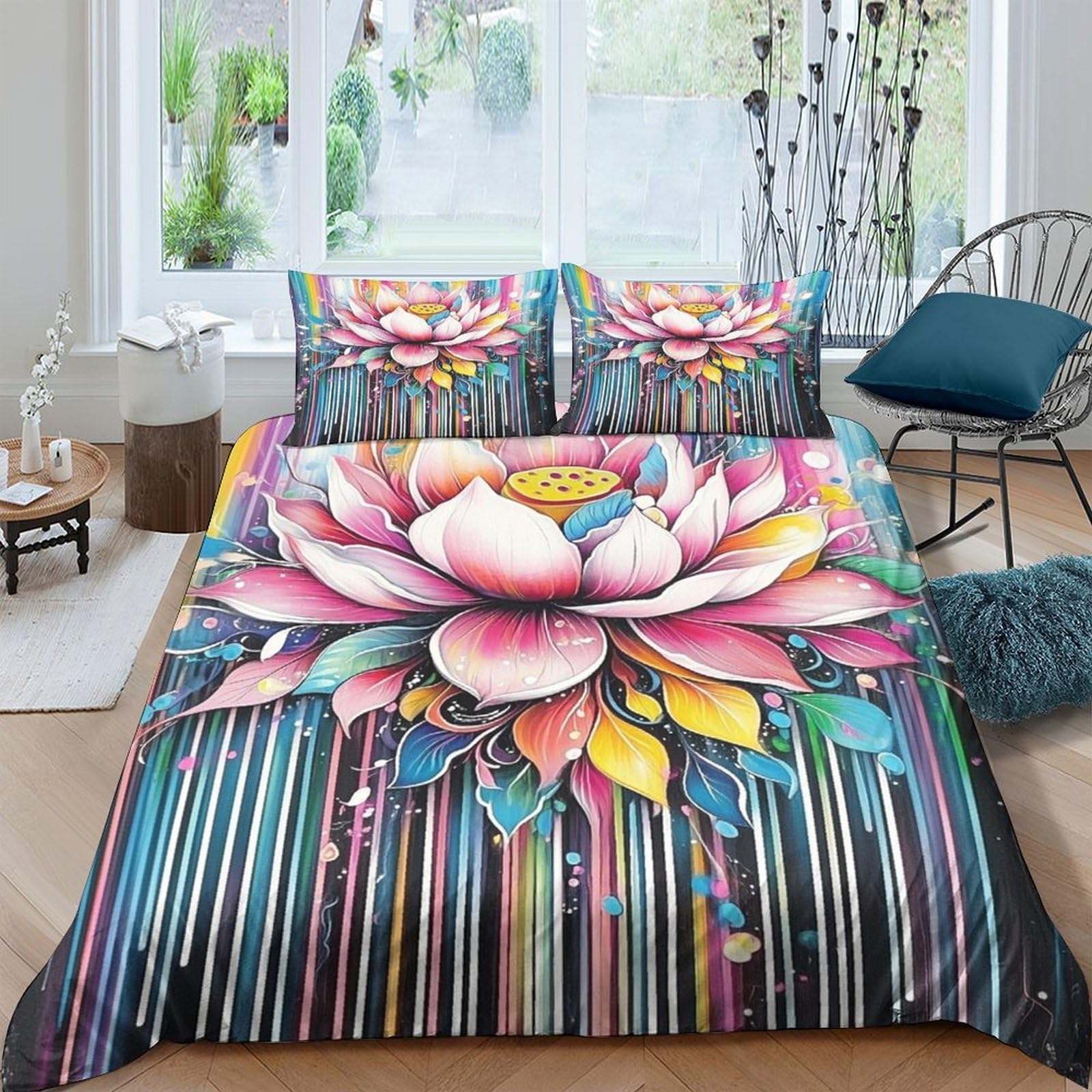 Ctjqhvkz Style-10 3D Printed Lotus Flower Fitted Sheet Microfiber Colourful Artistic Mattress Cover For Bedroom Dorm Decor Protection Single（135X200cm）