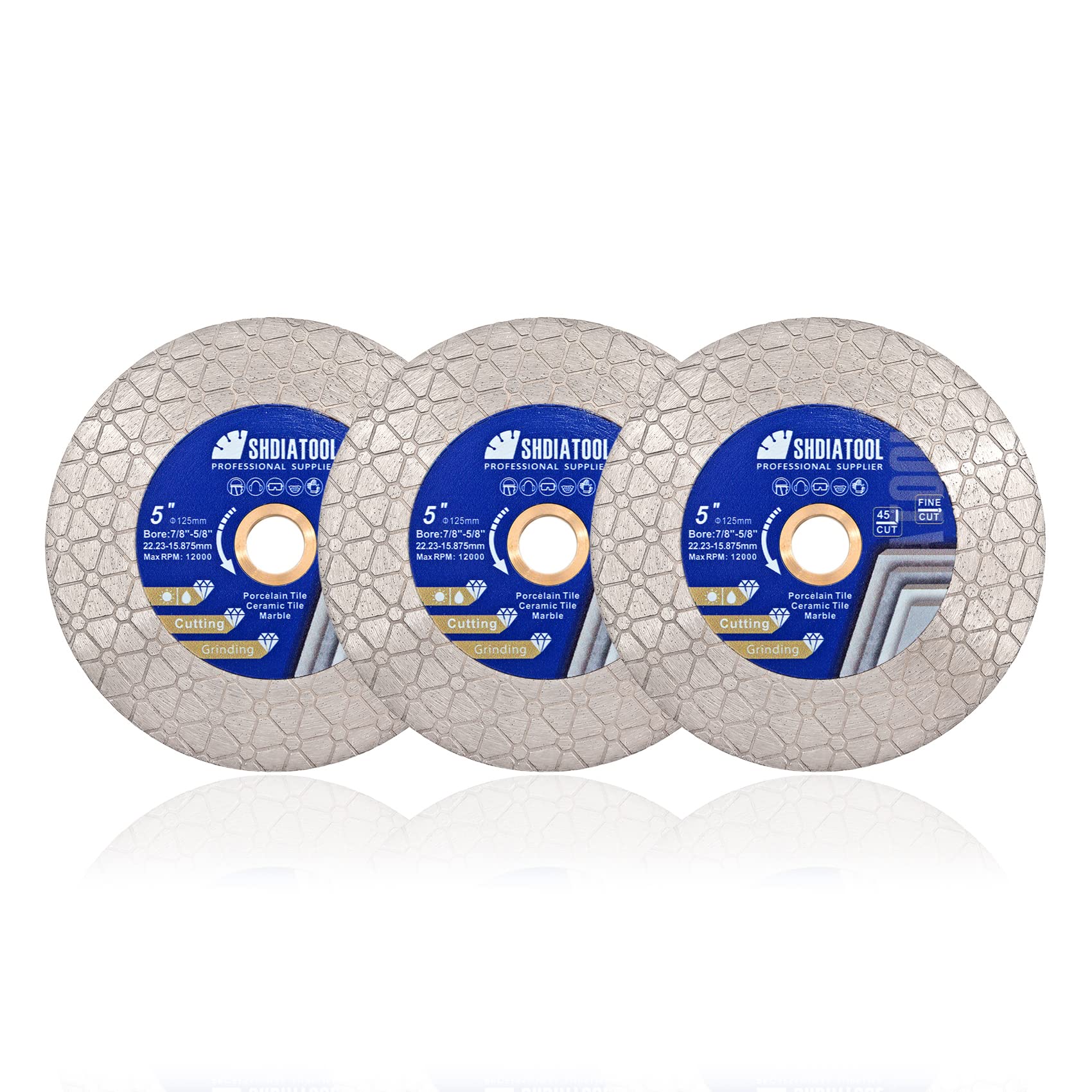 SHDIATOOL Diamond Saw Blade Disco de corte de azulejos 115mm Triángulos Forma de corte y molienda de porcelana azulejos de granito mármol cerámica mampostería, 3pcs