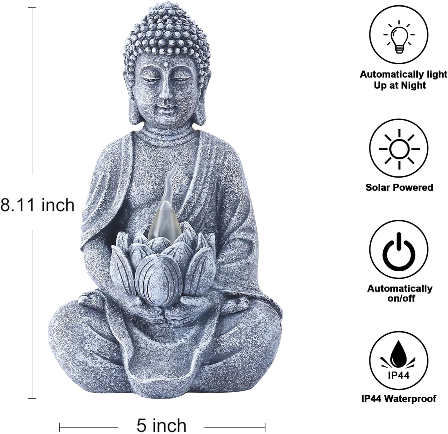 Goodeco Buddha Statue with Solar Lotus - Meditating Yoga Statues with Solar LED Lights, 8.1 Inches Sitting Buddha Serene Resin Figurine for Patio Yard Lawn Ornaments, Home & Outside (Grey Buddha) - Image 2
