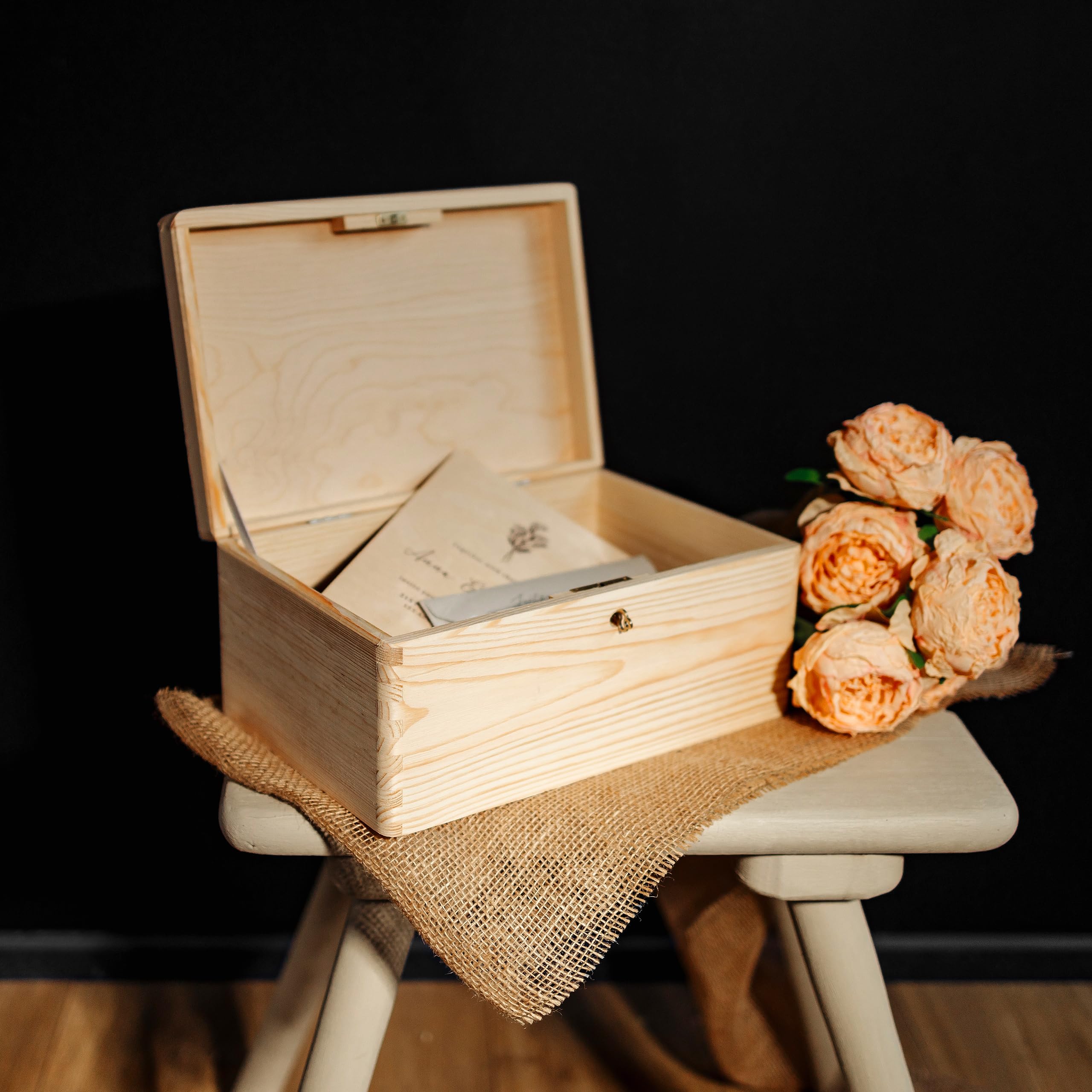 Creative Deco Grande Scatola in Legno con Chiave, Scatola di Stoccaggio | 30 x 20 x 14 cm | con Coperchio per Decorare | Senza Maniglie | Perfetta per Documenti, Oggetti di Valore, Regalo