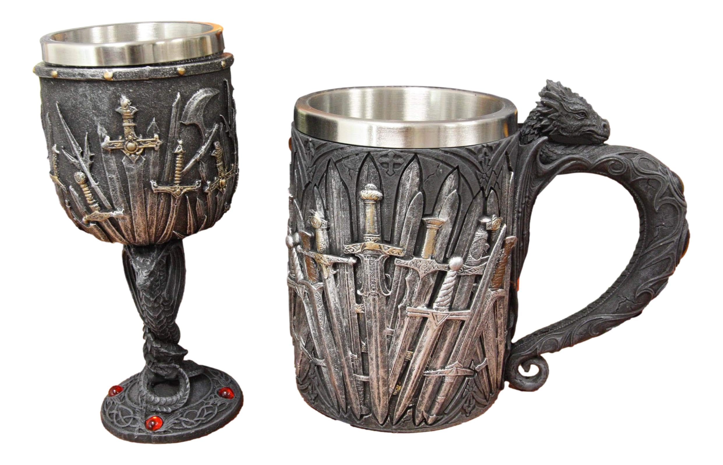 Ebros Set of 2 Medieval Valyrian Steel Blade Swords Wine Goblet Chalice With Entwined Dragons Stem And Iron Throne Dragon Tankard Mug Fantasy GOT Themed Accessory Party Prop Decors