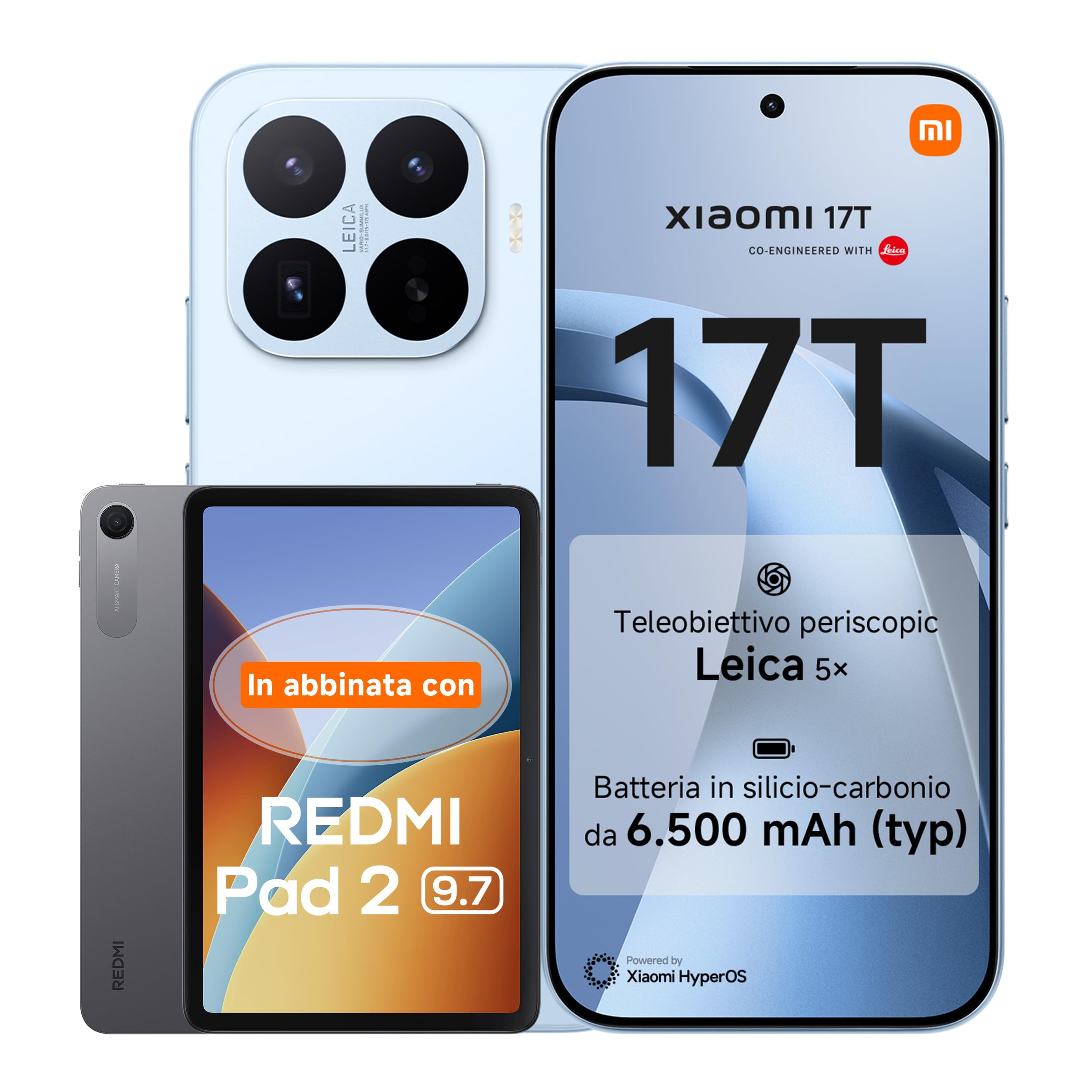 Xiaomi 17T, Smartphone 12+256GB, Display Eye-Care da 6,59" 120Hz, Batteria 6500mAh(typ), Teleobiettivo Leica 5x, 67W HyperCharge, MediaTek Dimensity 9500, Blue, Garanzia 3 anni+REDMI Pad 2 9.7' 64GB