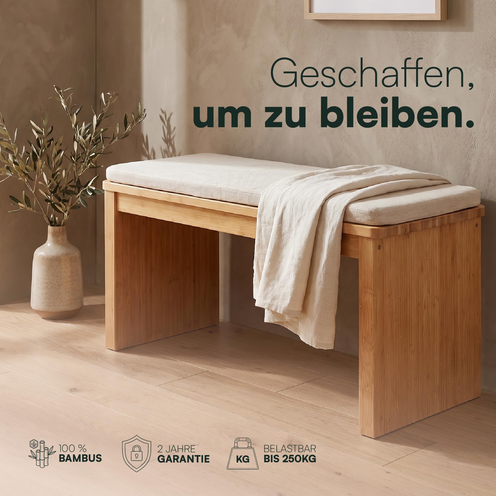Bambus Sitzbank Flur - Flur Möbel - Bettbank - Polsterbank aus Bambus | BAM BOO BOX Sitzbank Holz Bambus 90x33x43 cm - Bank Flur, Bettbank, Polsterbank, Flurbank fürs Schlafzimmer & Wohnzimmer