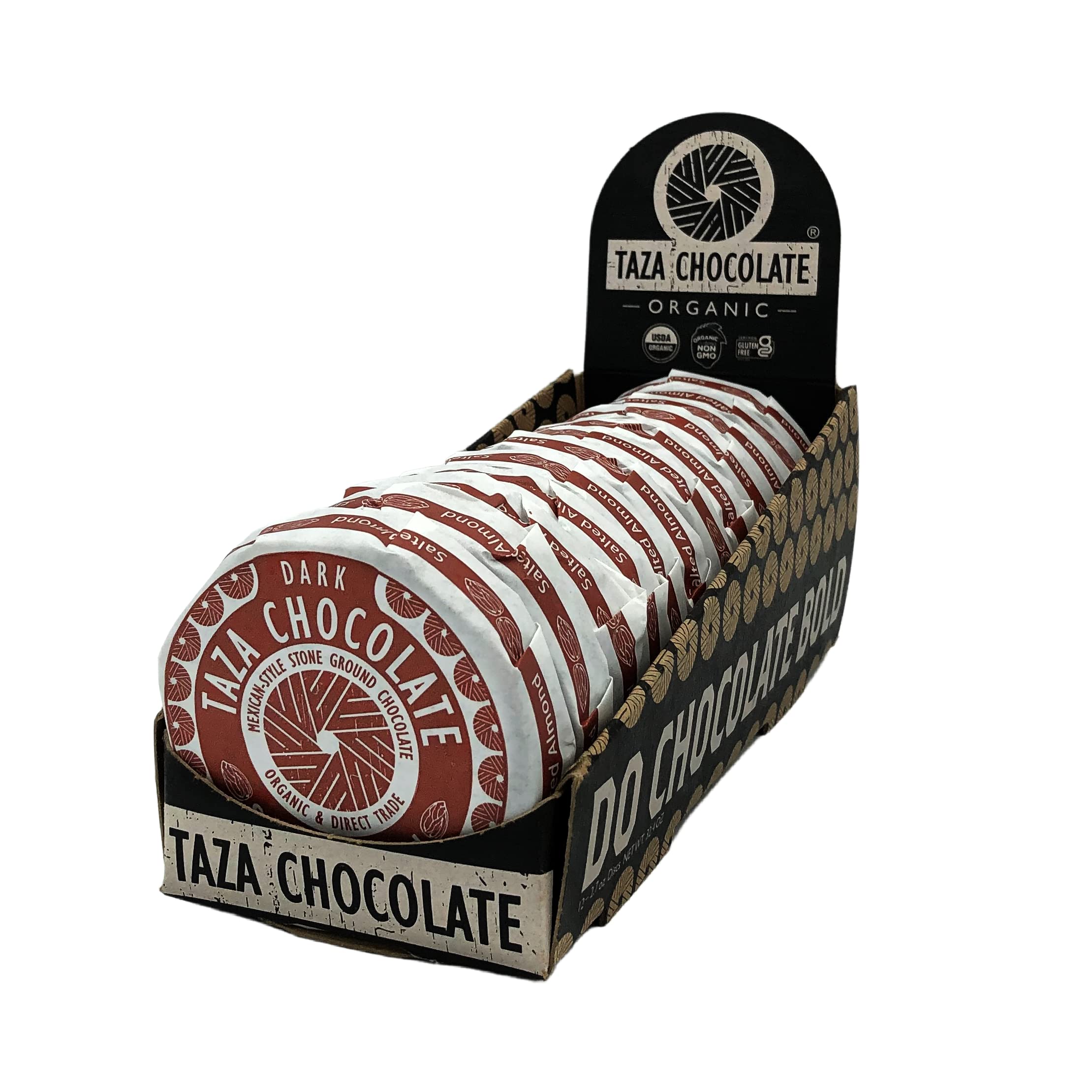 TAZA CHOCOLATE | Salted Almond Chocolate Disc | Organic Salted Almond 44% Dark Chocolate | Mexican Style | 2.7 Oz | Case of 12
