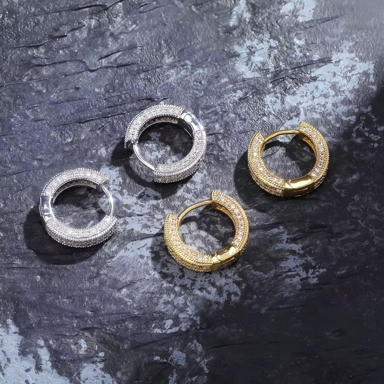 Iced Out Huggie Hoop Earrings for Men and Women, CZ Diamond Earrings, Stainless Steel Hypoallergenic Hinged Hoop Earrings