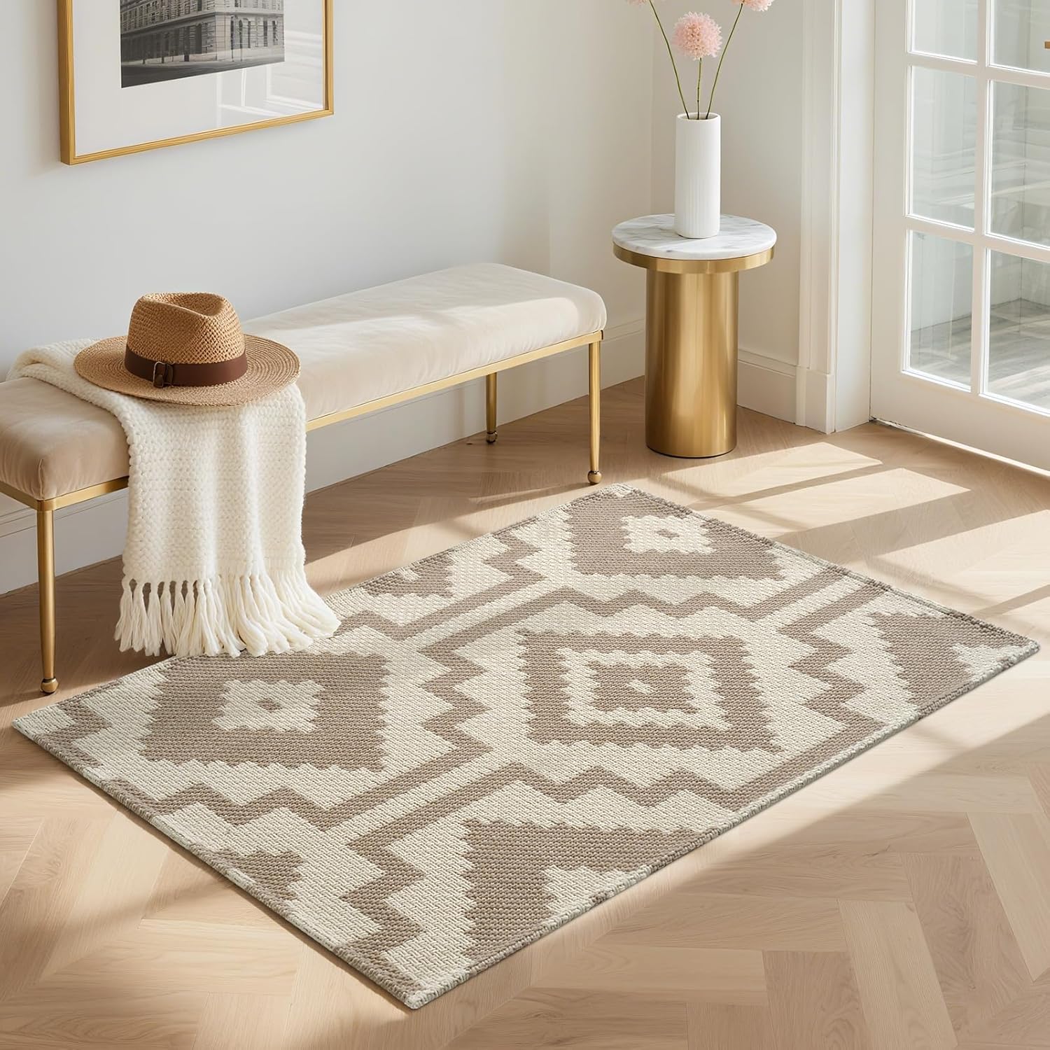 2x3 ft Door Mat Indoor Entryway, Non Slip Doormats Washable Soft Woven Entrance Rugs, Low Pile Small Area Rug for Inside Floor, Bedroom and Living Room, Brown