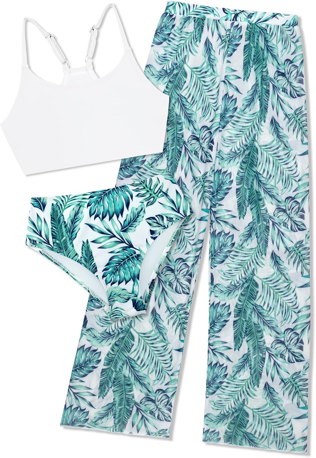 SHEKINI Girls 3 Piece Printed Swimsuit High Waist Bikini Set with Cover Up Pants