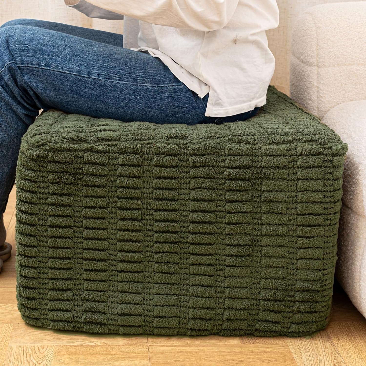 20x20x14 Inches Fluffy Square Pouf Ottoman - Plush Furry Boneless Ottoman Foot Rest Stool with High-Density Foam, Versatile Floor Seating for Living Room (Green)