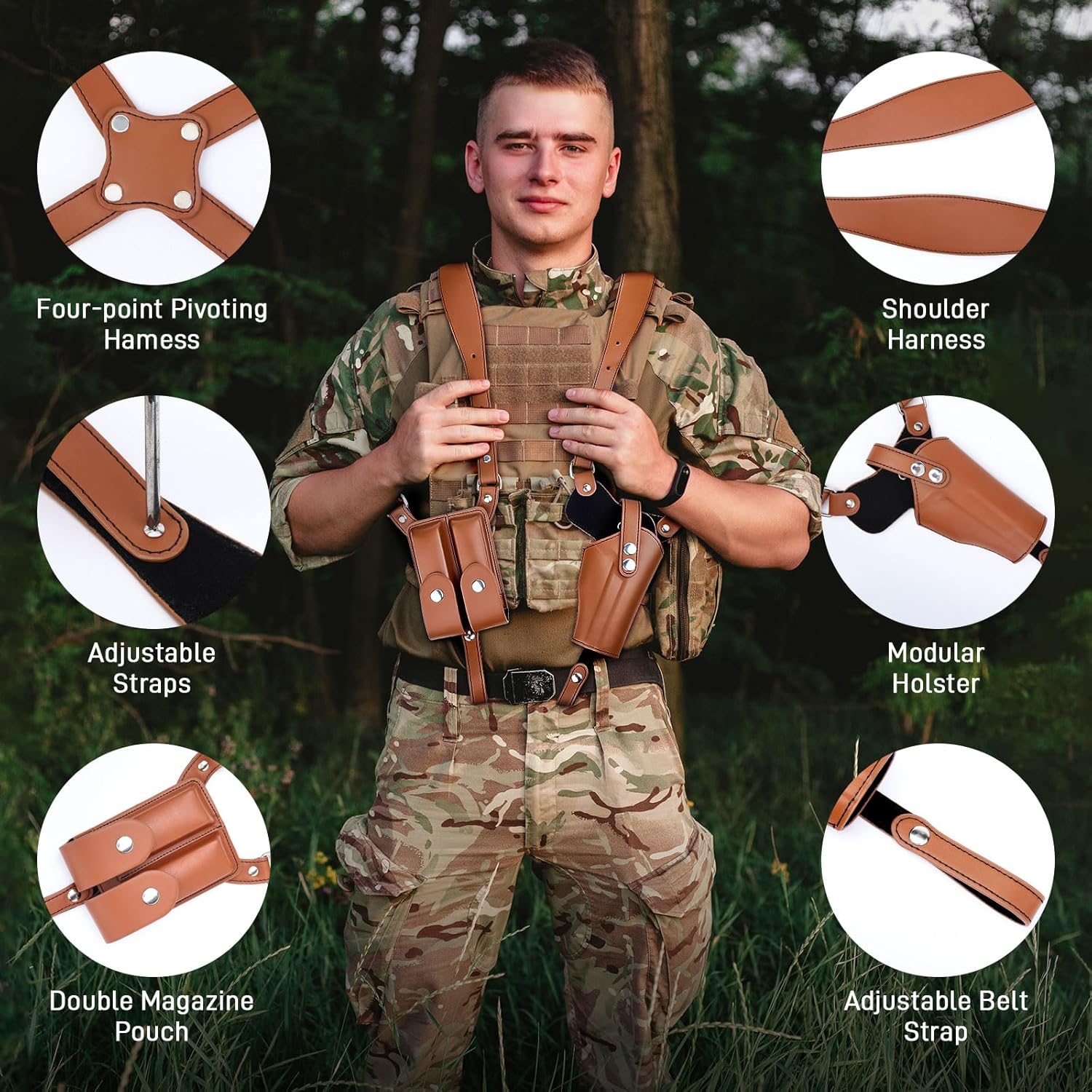 Tactical Shoulder Holster Leather, Concealed Gun Holster with Adjustable Strap Pistol Holster, Fits 1911 Glock 17/19/23 and Most Kinds of Pistols, Carry with Double Magazine Pouch