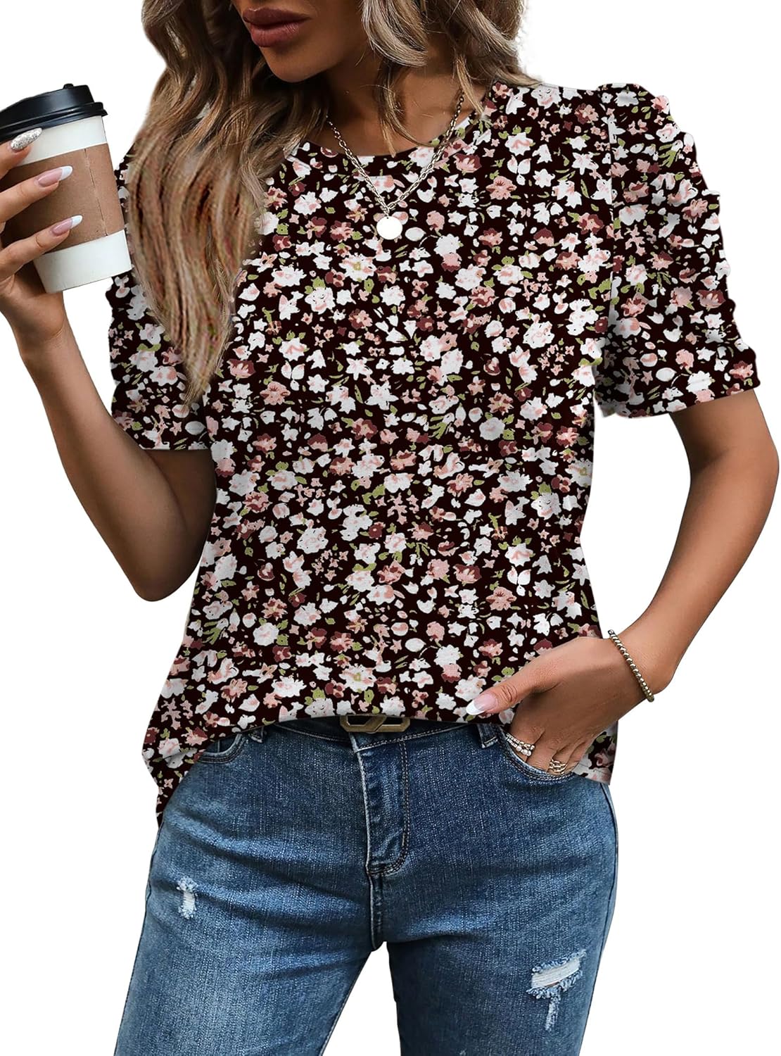 WIHOLL Summer Tops for Women Puff Sleeve Crewneck T Shirts Dressy Casual Blouses Spring Outfits Fashion Clothes - Image 2