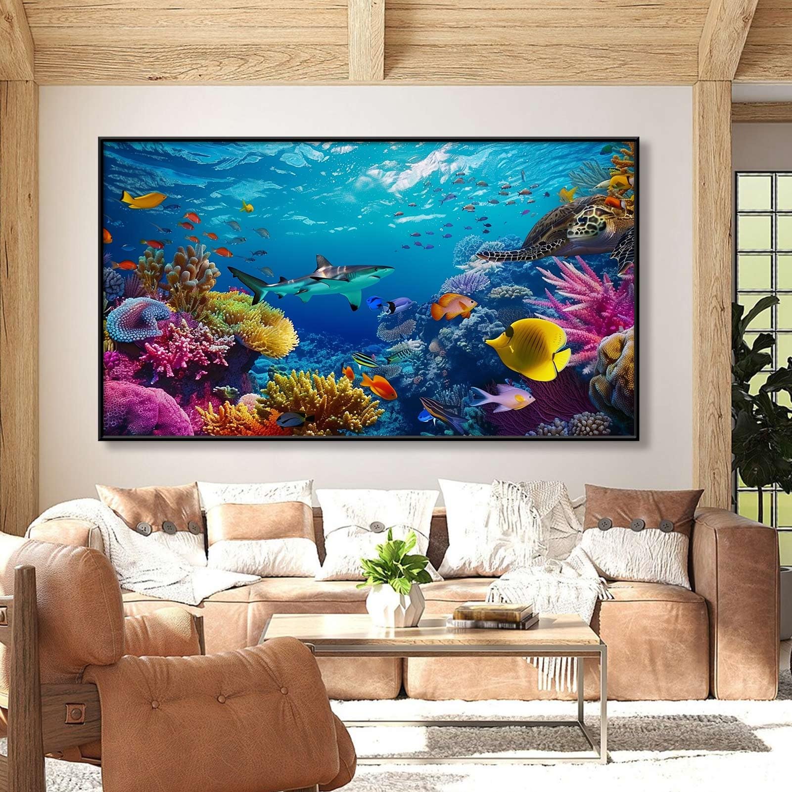 Underwater Canvas Wall Art - Sea Life Pictures, Ocean Fish, Tropical Theme - Black Metal Frame, 59"x33" (150x84cm) - Living Room Wall Decor