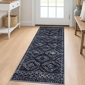 KILOCOCO Boho Kitchen Runner Rug 2x5 Washable Runner Rug, Soft Runners for Hallways Non Slip Printed Distressed Laundry Room Rug, Low-Pile Rug for Entryway/Bedroom/Living Room, Black