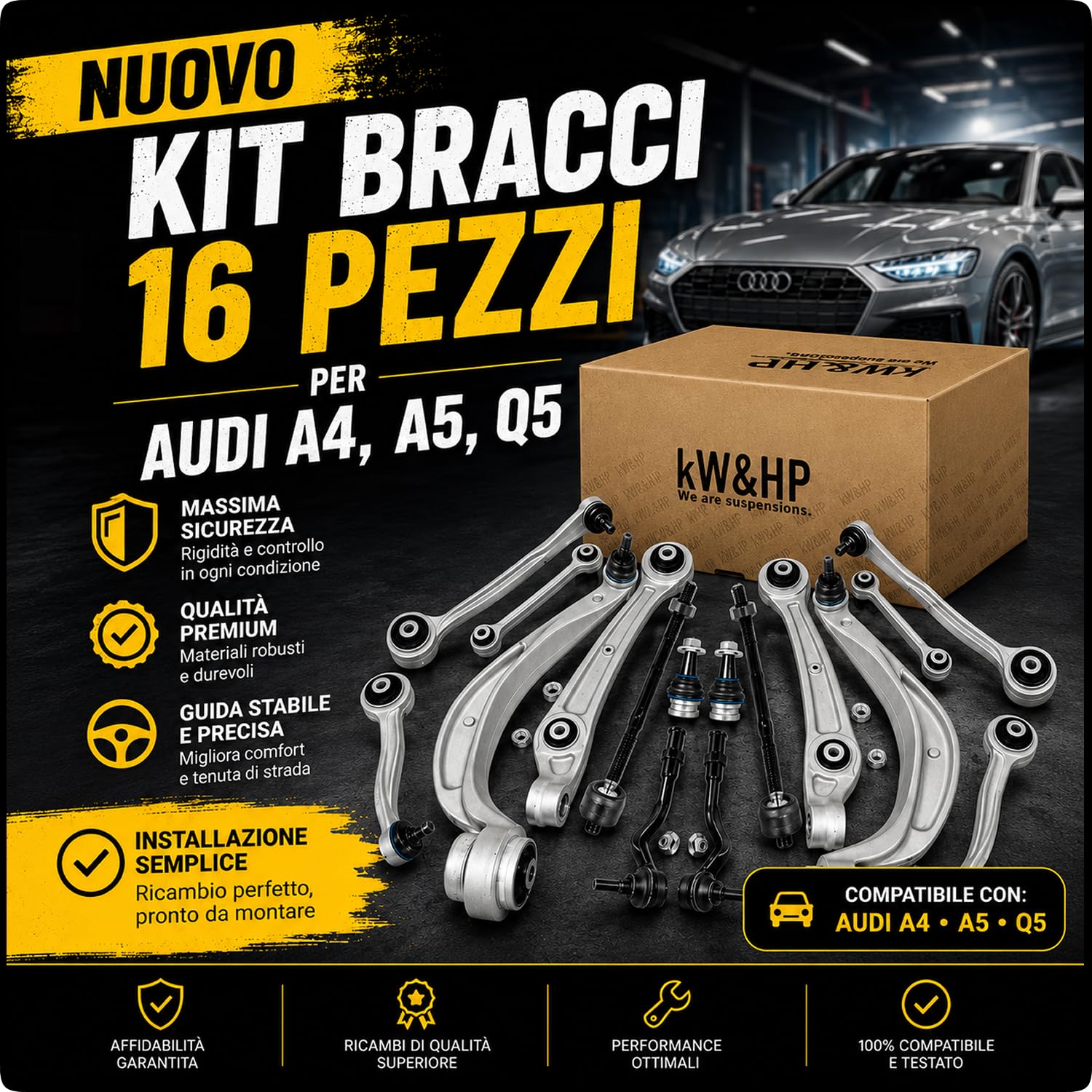 KIT 16PZ BRACCI BRACCETTI AVANTRENO SOSPENSIONE ANTERIORI PER A4 A5 Q5 | Kit completo di tutti i bracci sospensione anteriori