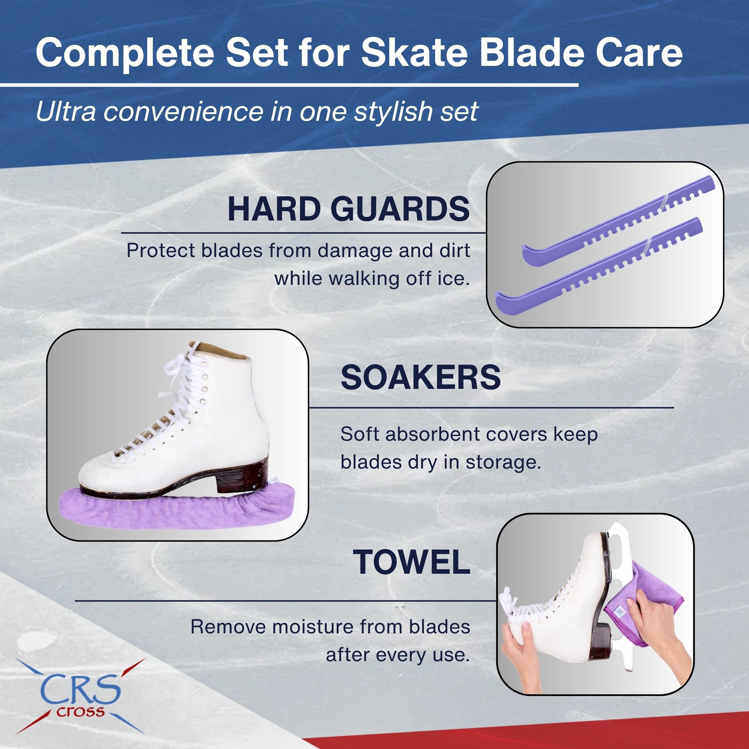 CRS Cross Juego de protectores de patinaje sobre hielo, remojo y toalla, diseño de una pieza con cubiertas suaves de hoja de patinaje y toalla (par de protectores ajustables, no requiere montaje)