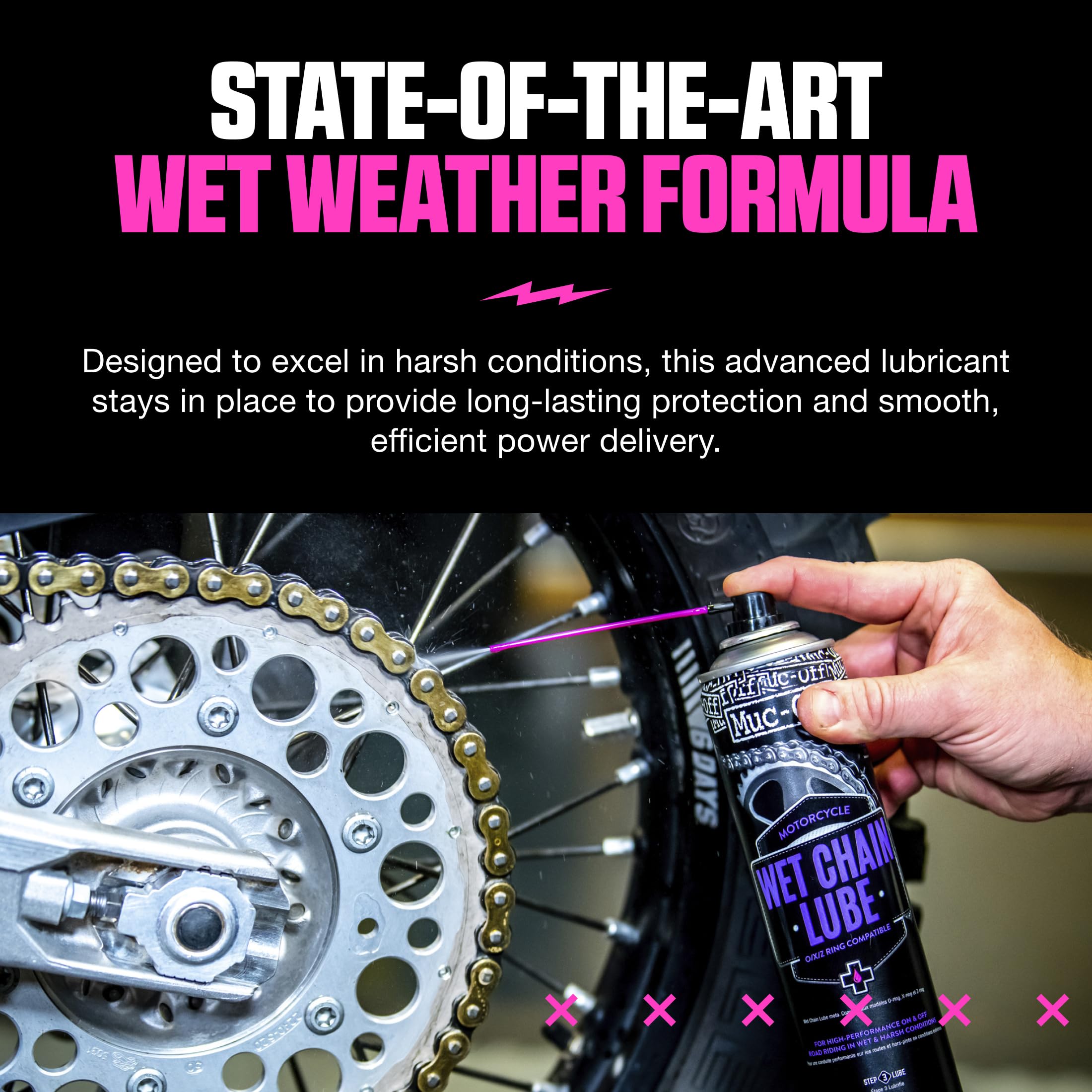 Muc-Off Wet Motorcycle Chain Lube, 400 ml - Grasso Catena Moto Spray di Alta Qualità - Lubrificante Catena Moto Formulato per Condizioni Atmosferiche Umide