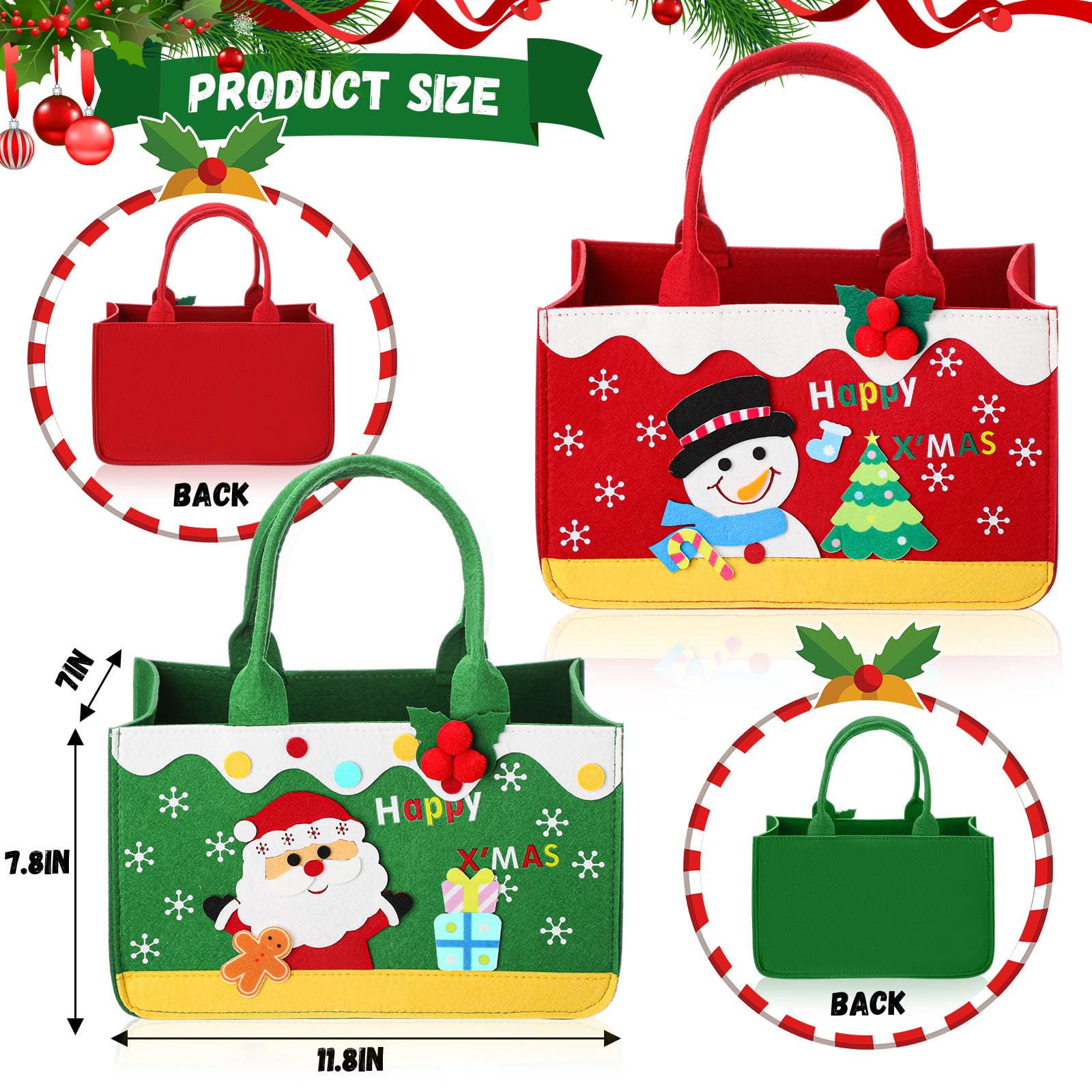 Aliceset Große Weihnachts-Geschenktüten aus Filz mit Griffen, 30 x 20 x 17 cm, wiederverwendbare Geschenkkörbe, leere Leckerli-Tüten, Weihnachts-Süßigkeitentüten für Weihnachten (Weihnachtsmann und