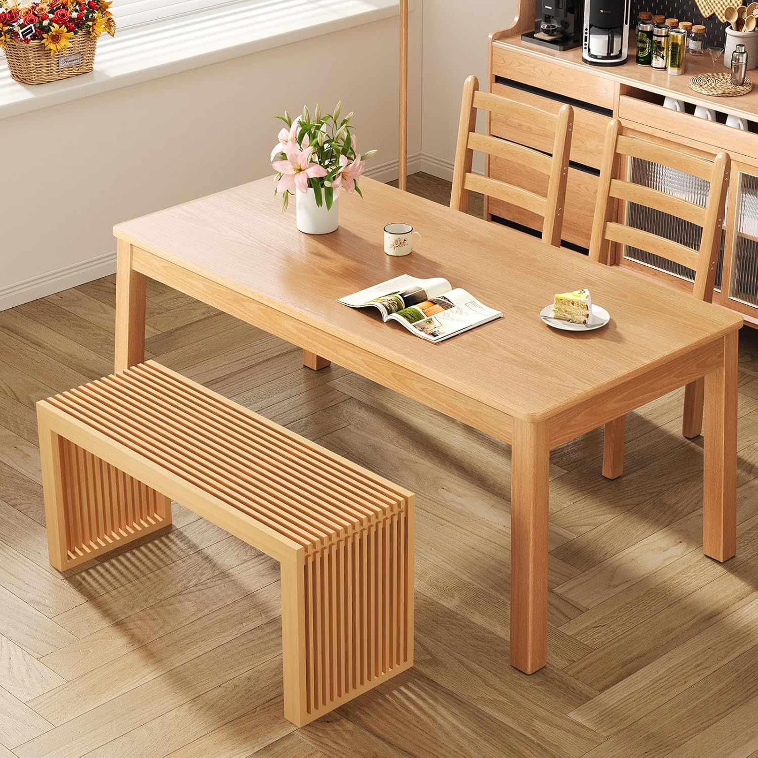 Bamboo Dining Bench, 35 inch Farmhouse Decor Indoor Kitchen Table Bench, Entryway Shoe Rack Bench, Outdoor Bench, Solid Bamboo Benches for Living Room, Hallway, Bedroom