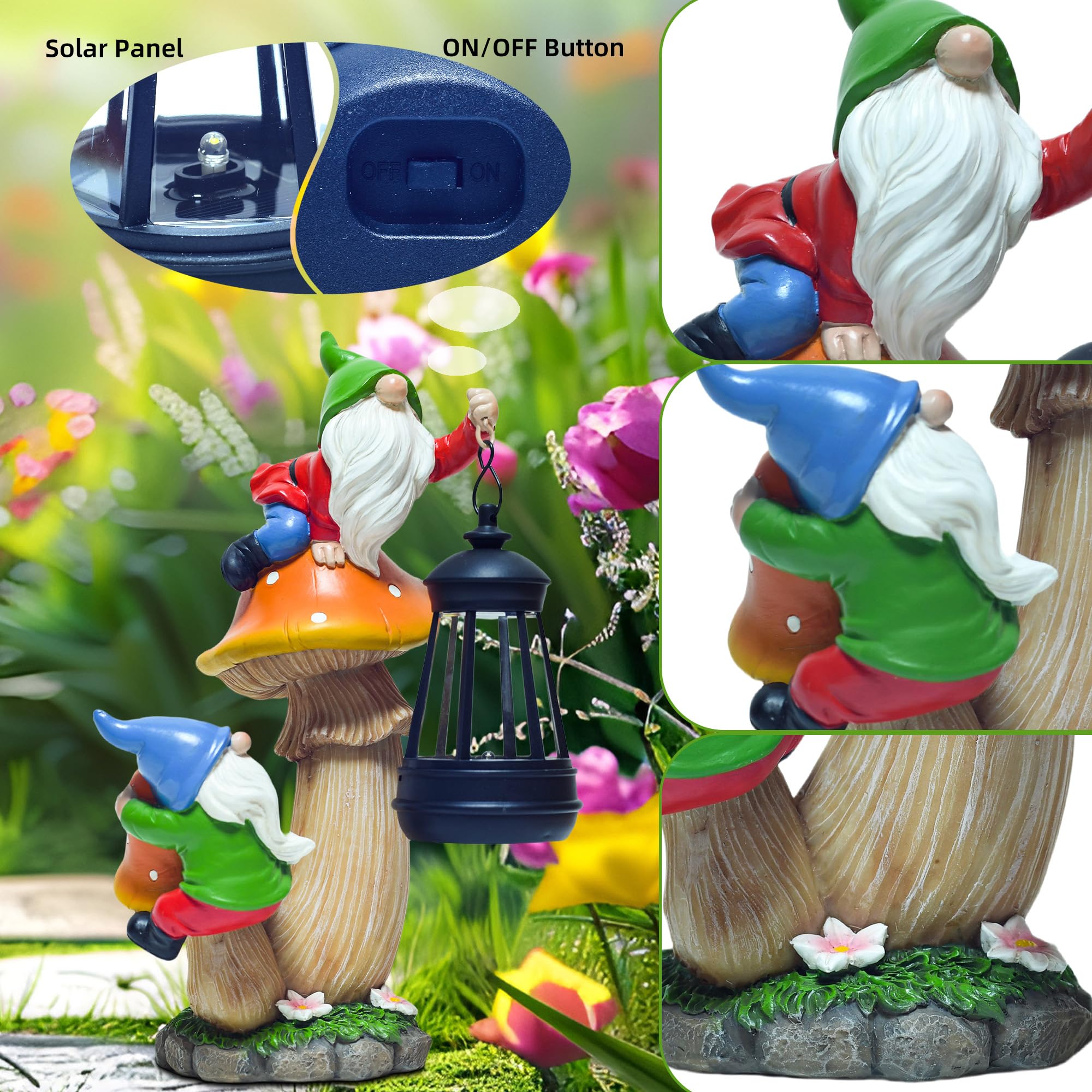 YUETJIN Divertente gnomo da giardino che si arrampica su fungo con una lanterna LED solare in resina a forma di fungo statua per patio, cortile, prato, portico, decorazione