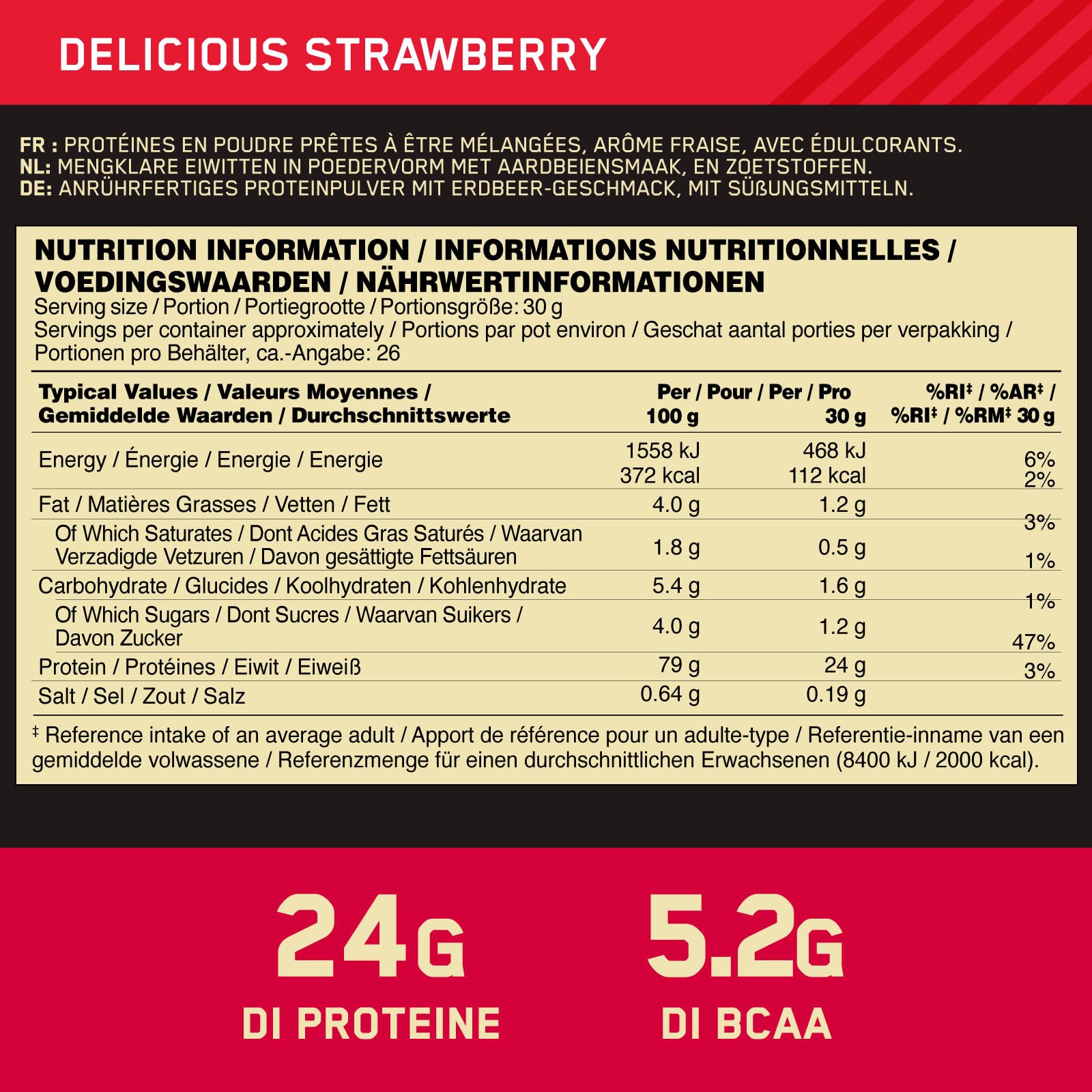 Optimum Nutrition Gold Standard 100% Whey Protéines en poudre avec acides aminés Fraise 780g 26 portions + Shaker